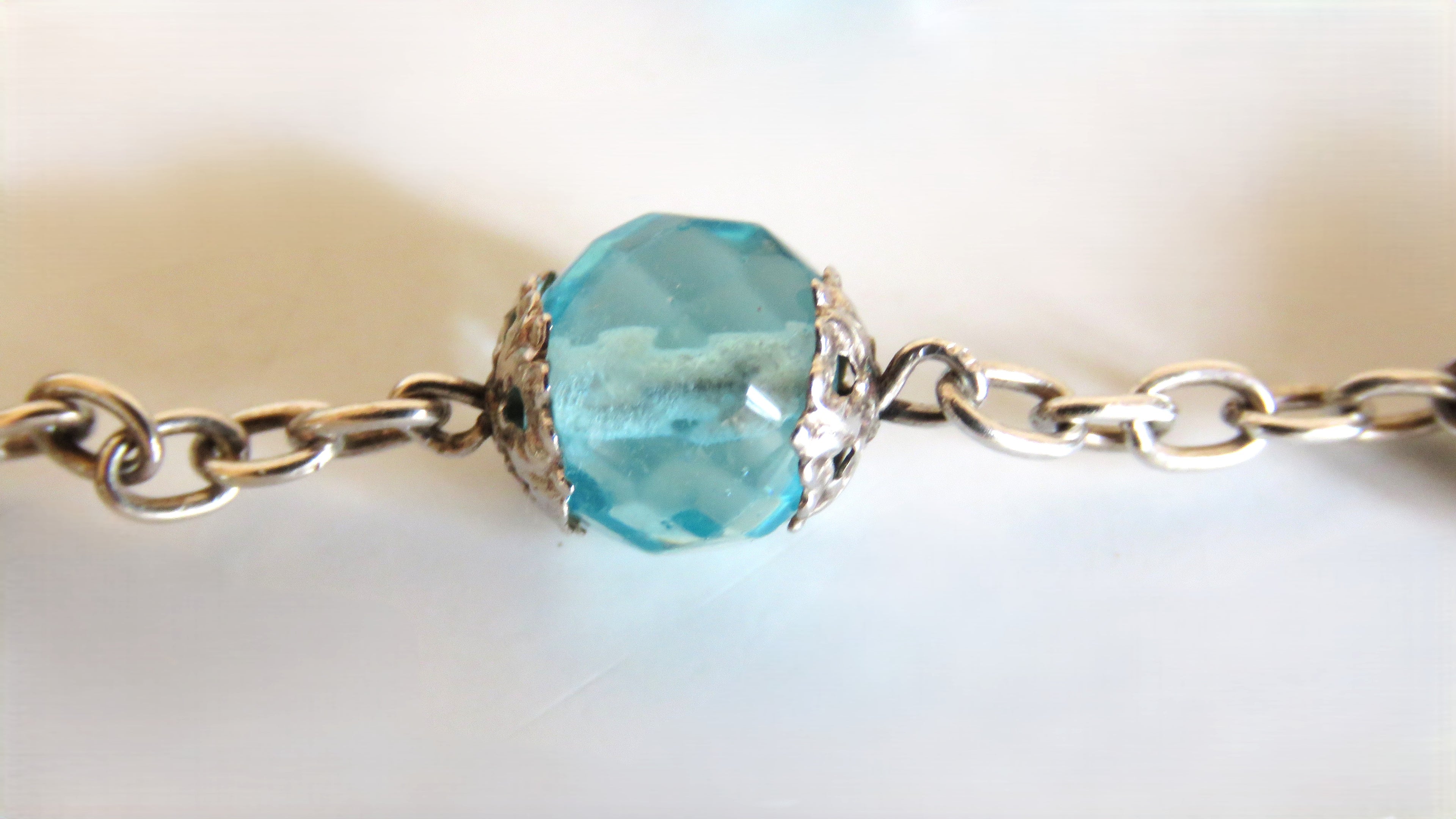French Late 1920s Rosary Aqua Blue Glass Silver Crucifix Capped Beads - Vintage French Treasures