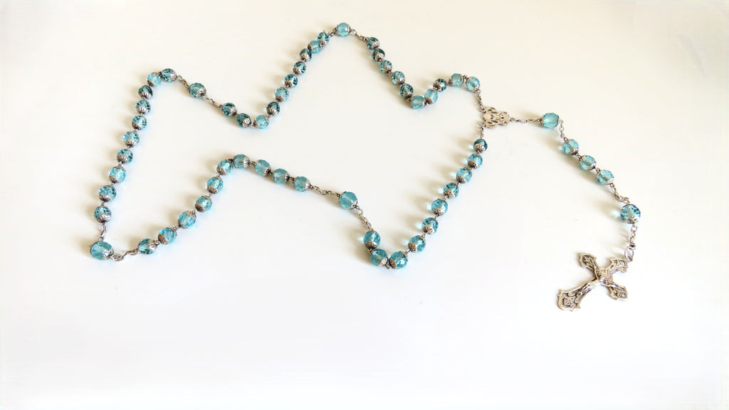 French Late 1920s Rosary Aqua Blue Glass Silver Crucifix Capped Beads - Vintage French Treasures