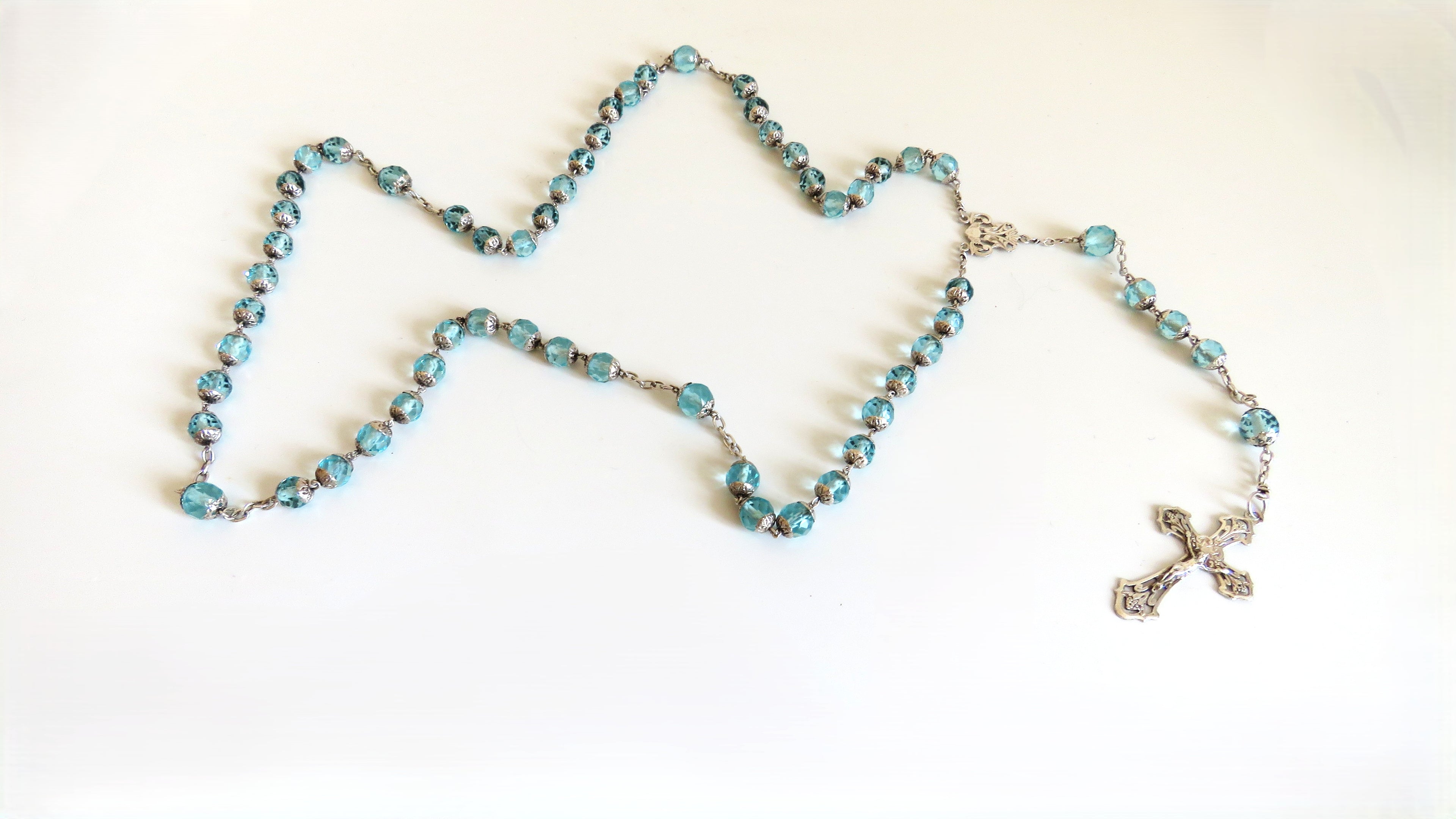 French Late 1920s Rosary Aqua Blue Glass Silver Crucifix Capped Beads - Vintage French Treasures