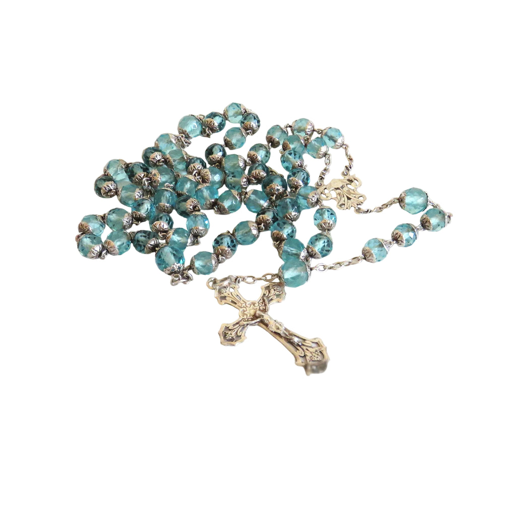 French Late 1920s Rosary Aqua Blue Glass Silver Crucifix Capped Beads - Vintage French Treasures