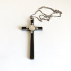 Antique Spanish Holy Family Cross Pendant Dated 1919 with Silver Chain -