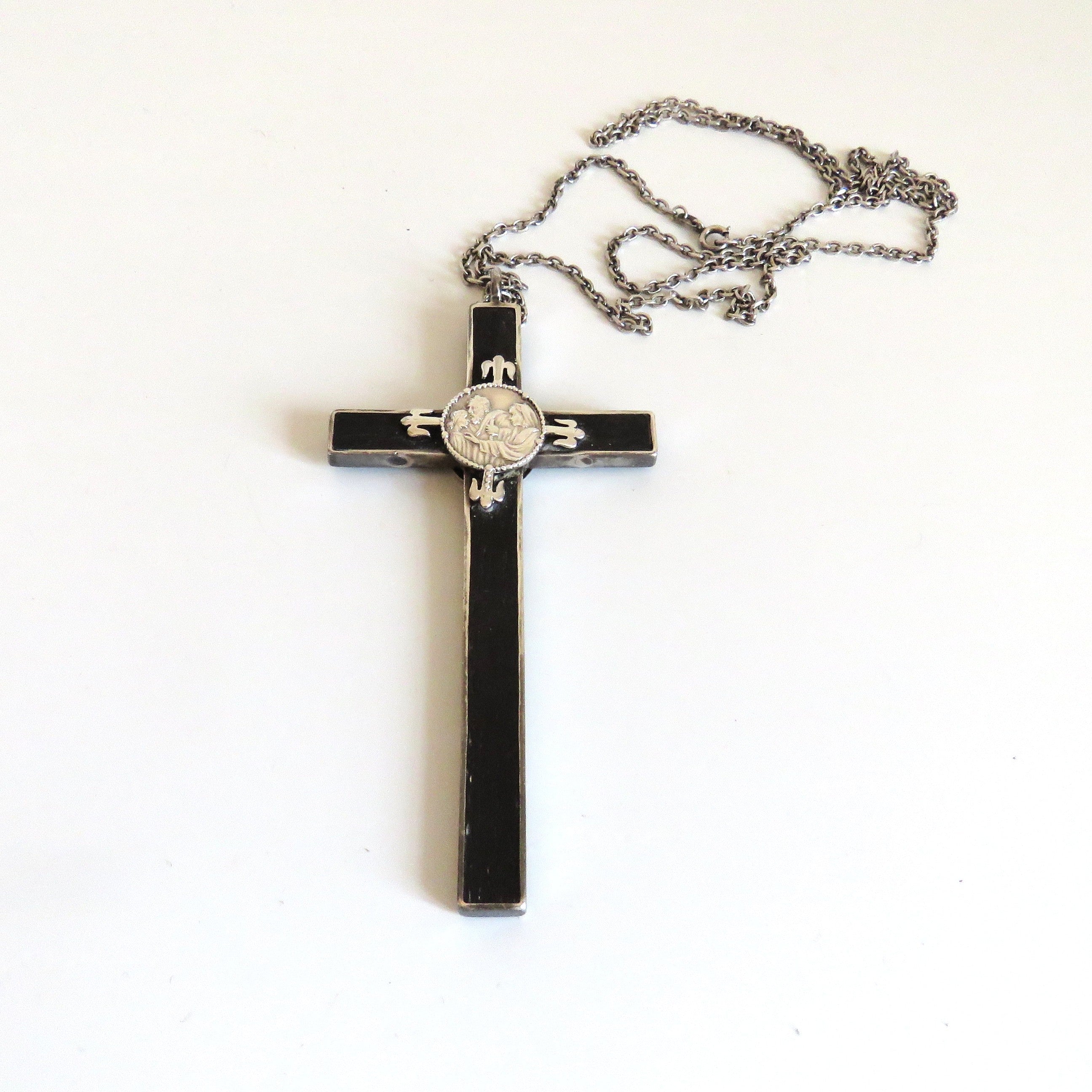 Antique Spanish Holy Family Cross Pendant Dated 1919 with Silver Chain - Vintage French Treasures