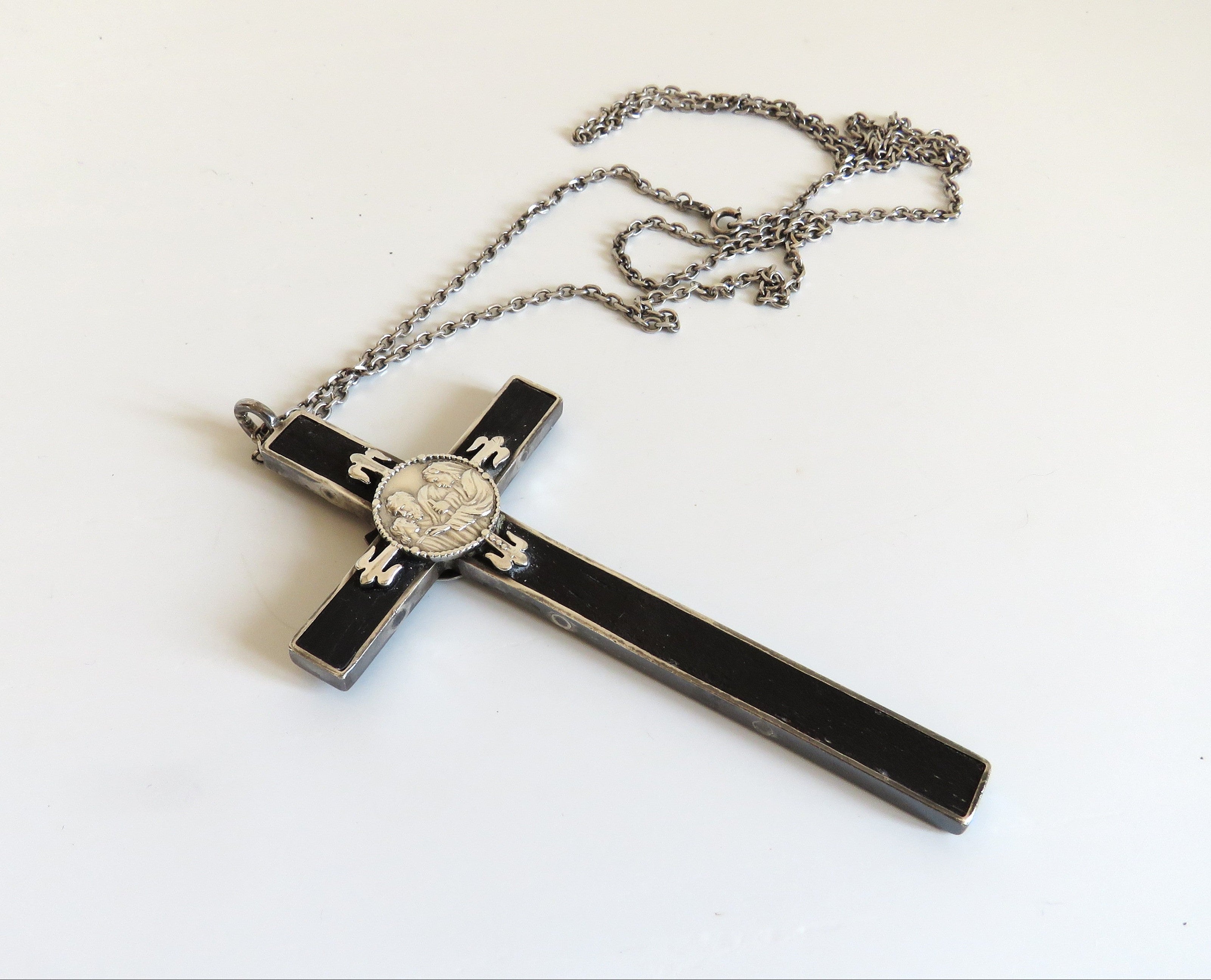 Antique Spanish Holy Family Cross Pendant Dated 1919 with Silver Chain - Vintage French Treasures