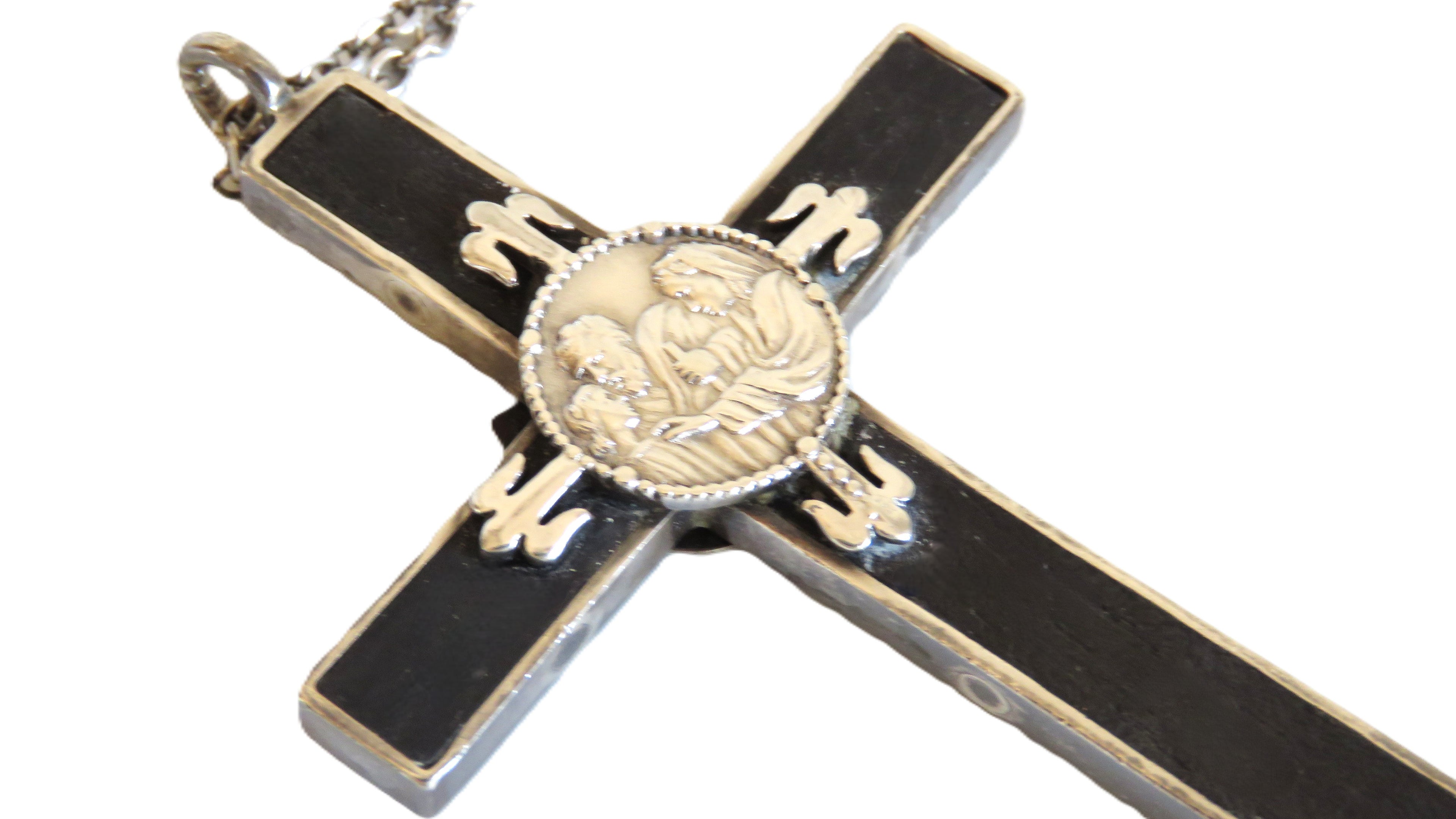 Antique Spanish Holy Family Cross Pendant Dated 1919 with Silver Chain - Vintage French Treasures