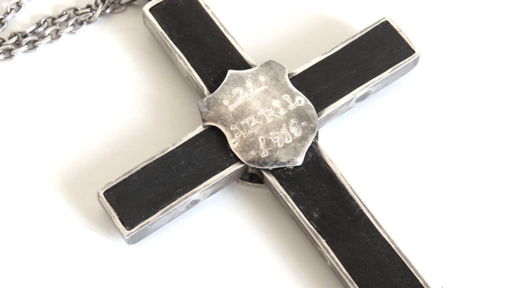 Antique Spanish Holy Family Cross Pendant Dated 1919 with Silver Chain - Vintage French Treasures
