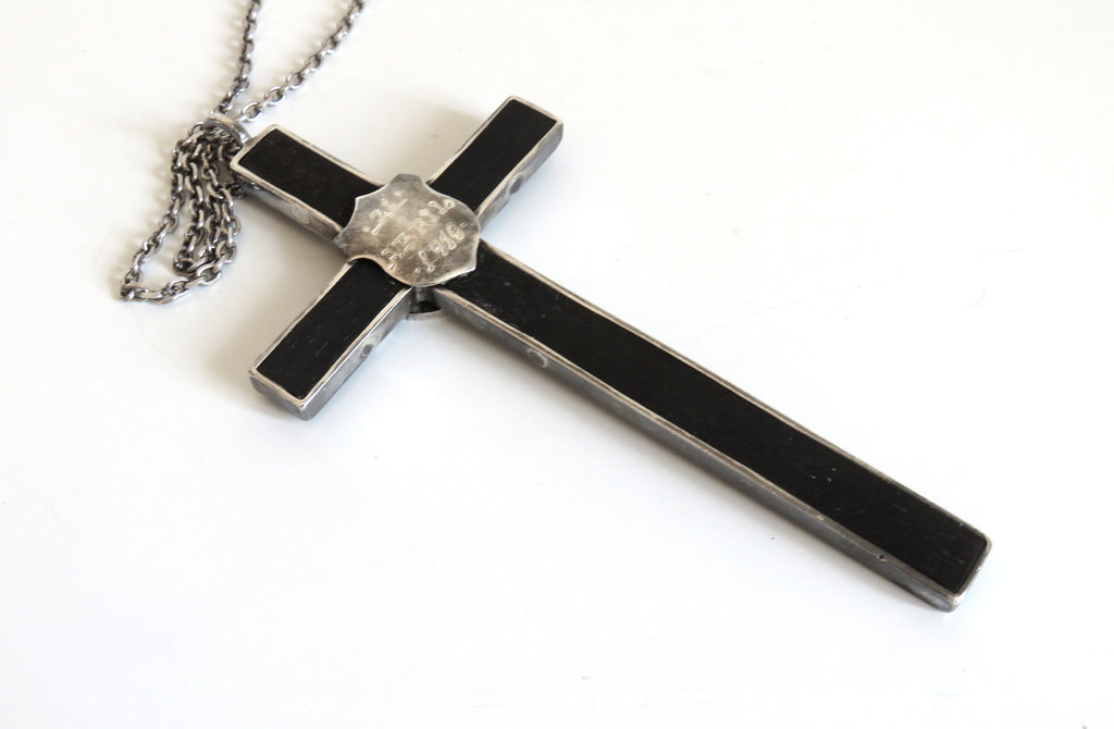Antique Spanish Holy Family Cross Pendant Dated 1919 with Silver Chain - Vintage French Treasures