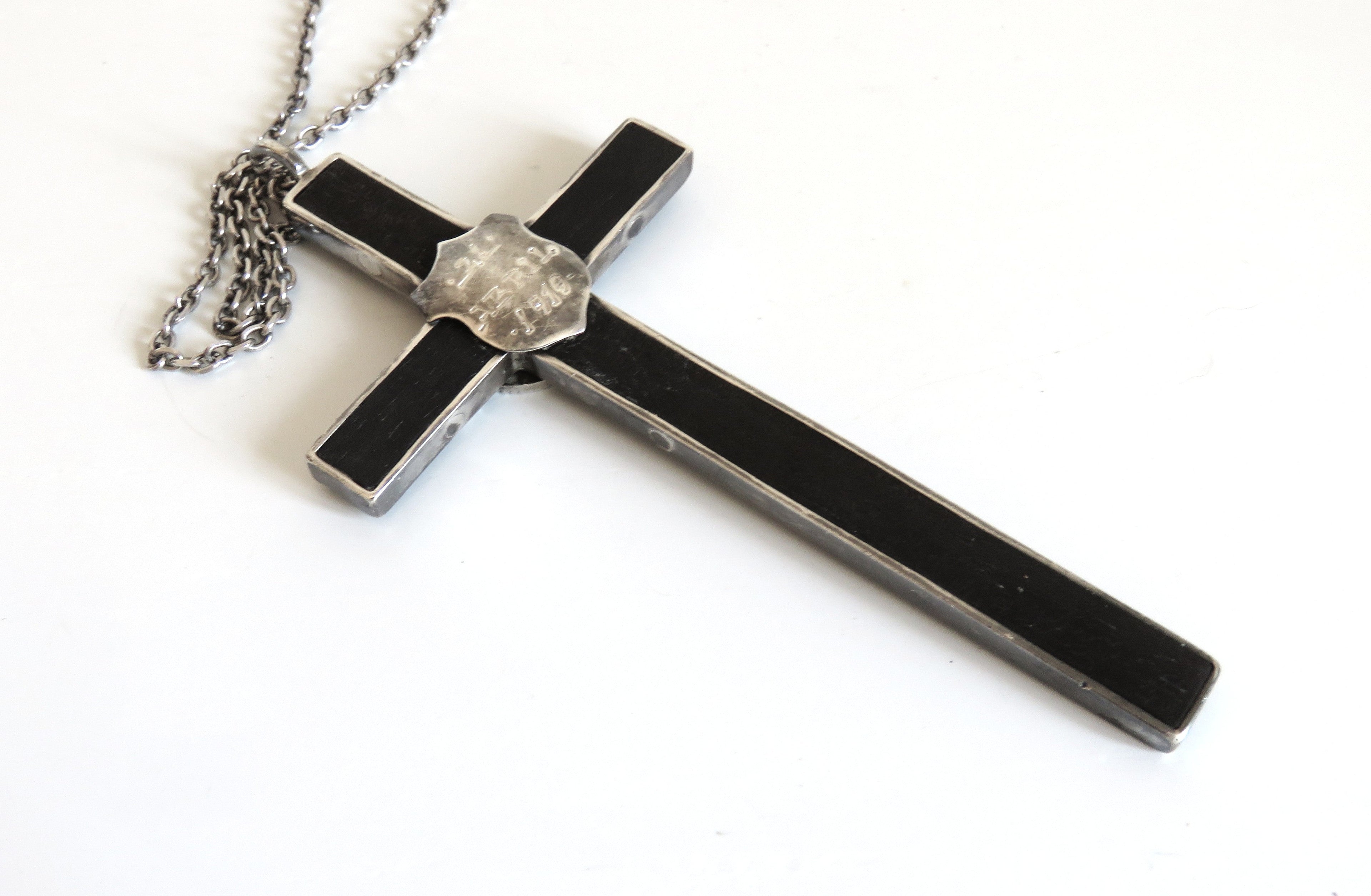 Antique Spanish Holy Family Cross Pendant Dated 1919 with Silver Chain - Vintage French Treasures