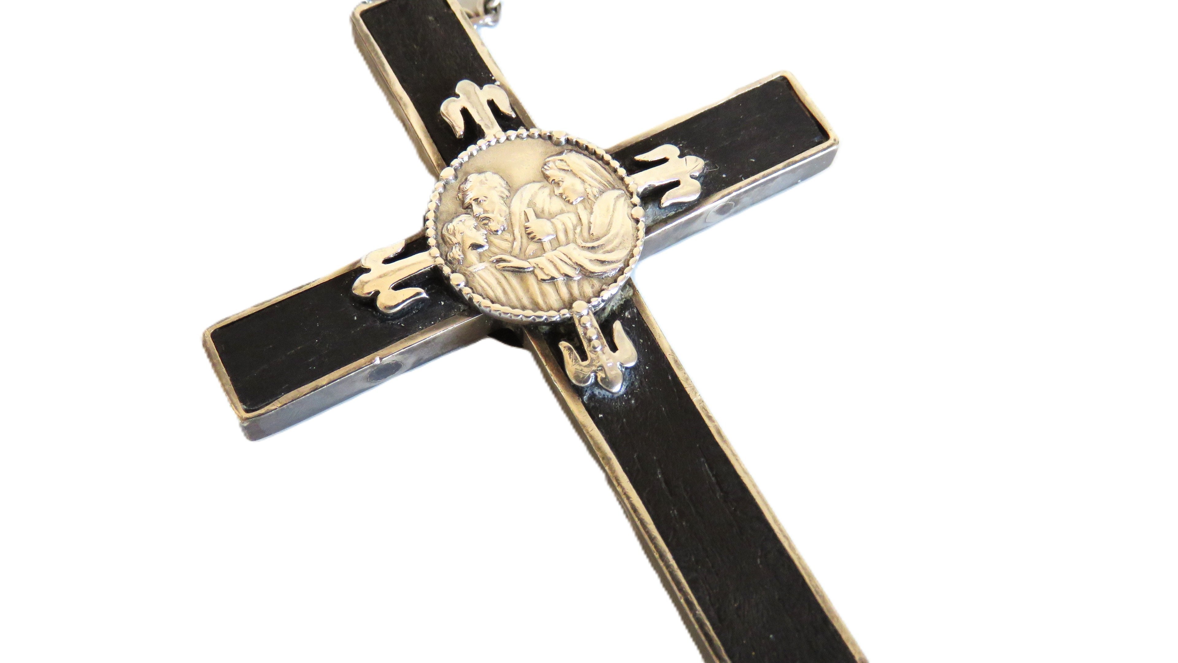 Antique Spanish Holy Family Cross Pendant Dated 1919 with Silver Chain - Vintage French Treasures