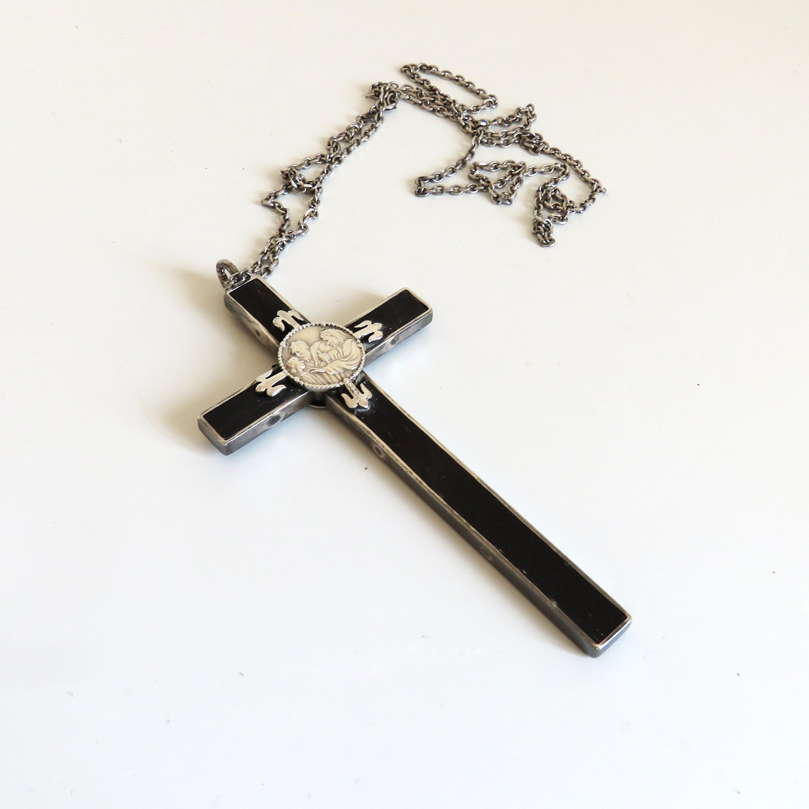 Antique Spanish Holy Family Cross Pendant Dated 1919 with Silver Chain - Vintage French Treasures