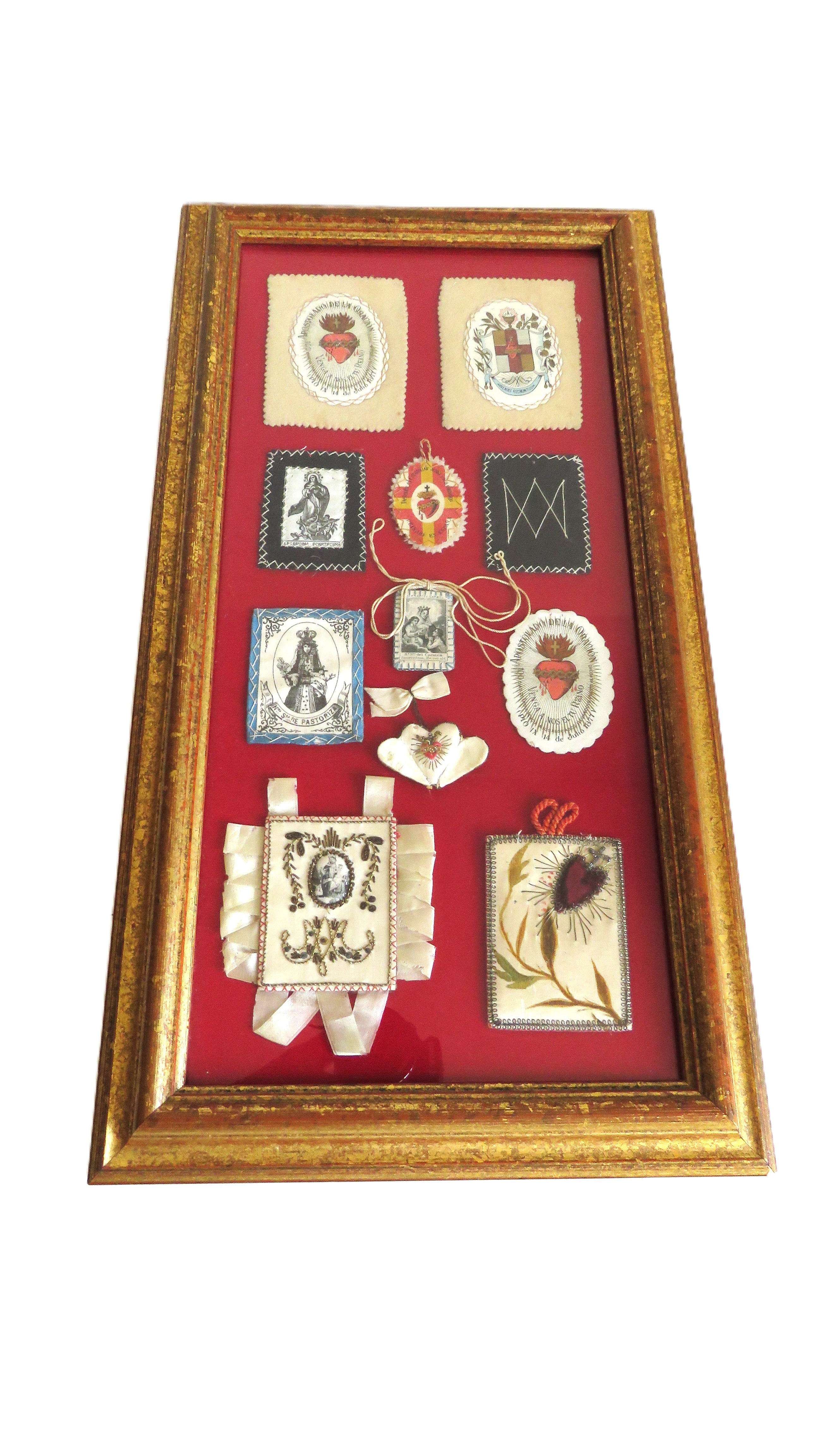 Antique French Devotional Shadow Box with Sacred Heart Ex Votos and Marian Keepsakes - Vintage French Treasures