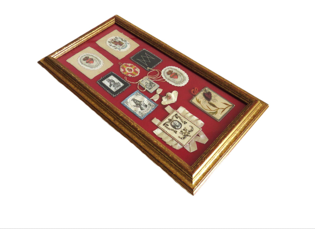 Antique French Devotional Shadow Box with Sacred Heart Ex Votos and Marian Keepsakes - Vintage French Treasures