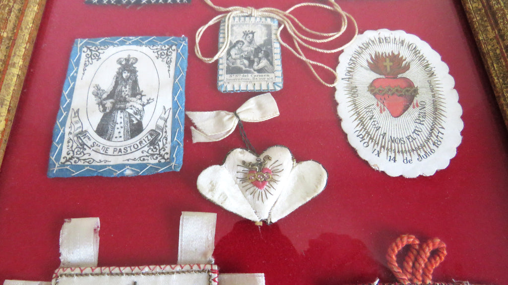 Antique French Devotional Shadow Box with Sacred Heart Ex Votos and Marian Keepsakes - Vintage French Treasures