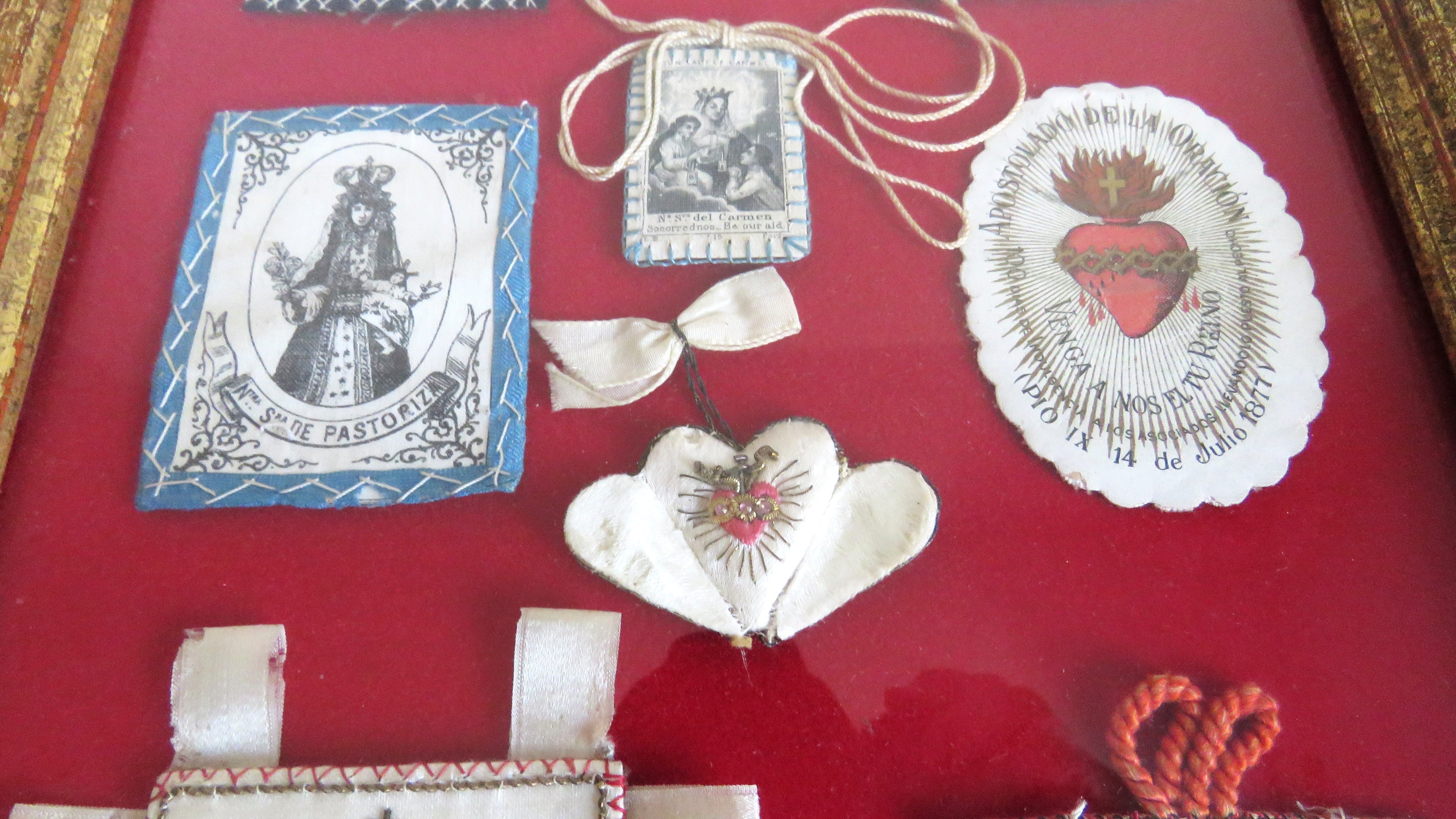 Antique French Devotional Shadow Box with Sacred Heart Ex Votos and Marian Keepsakes - Vintage French Treasures