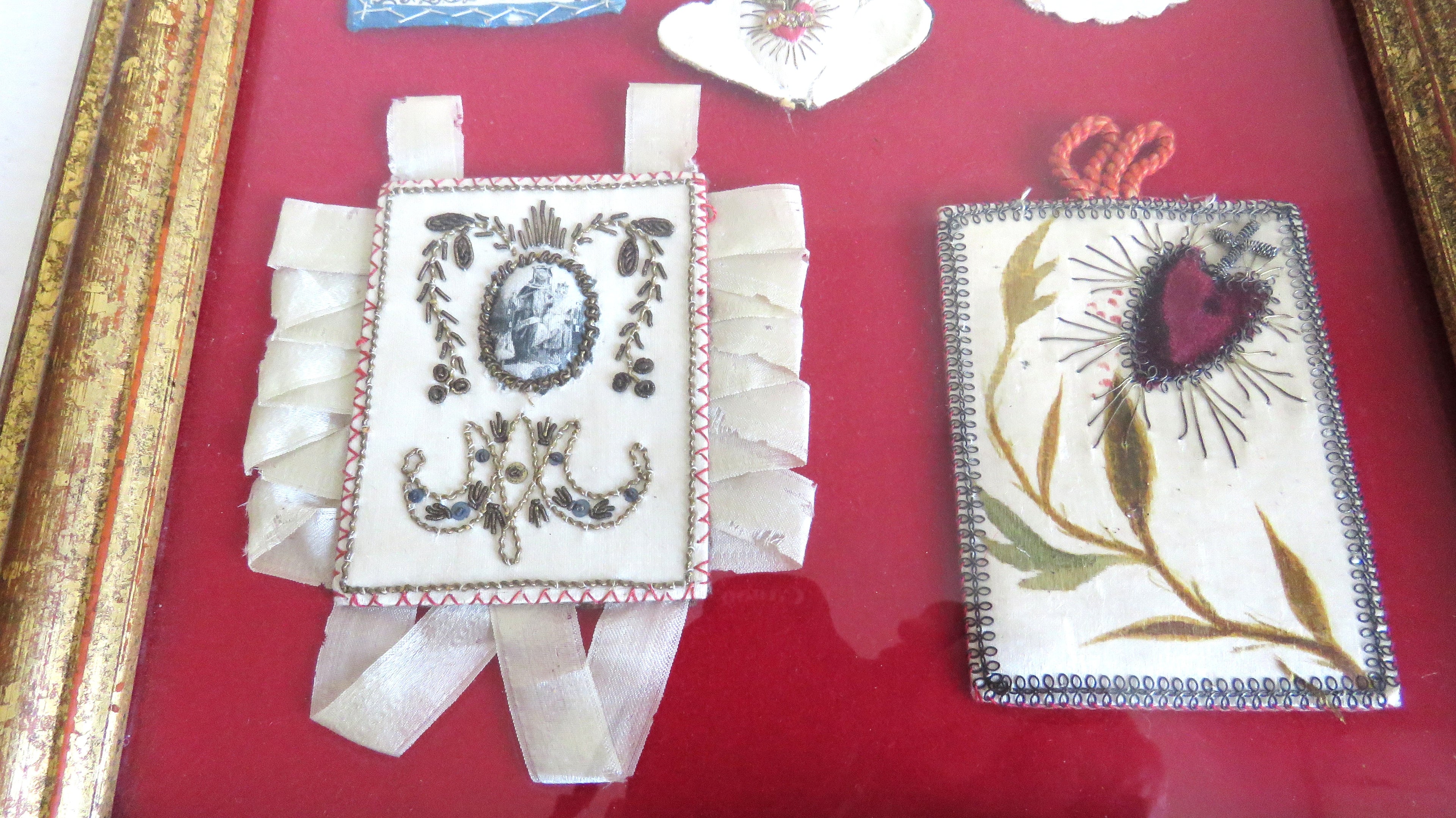 Antique French Devotional Shadow Box with Sacred Heart Ex Votos and Marian Keepsakes - Vintage French Treasures