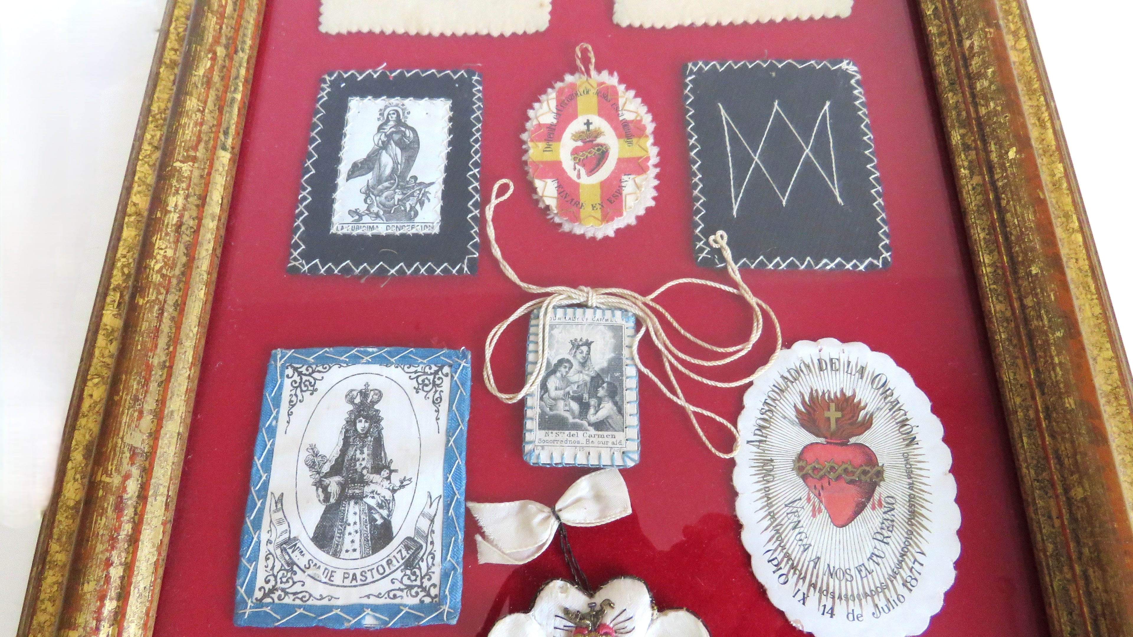 Antique French Devotional Shadow Box with Sacred Heart Ex Votos and Marian Keepsakes - Vintage French Treasures