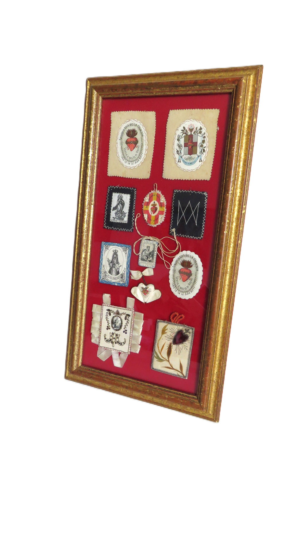 Antique French Devotional Shadow Box with Sacred Heart Ex Votos and Marian Keepsakes - Vintage French Treasures