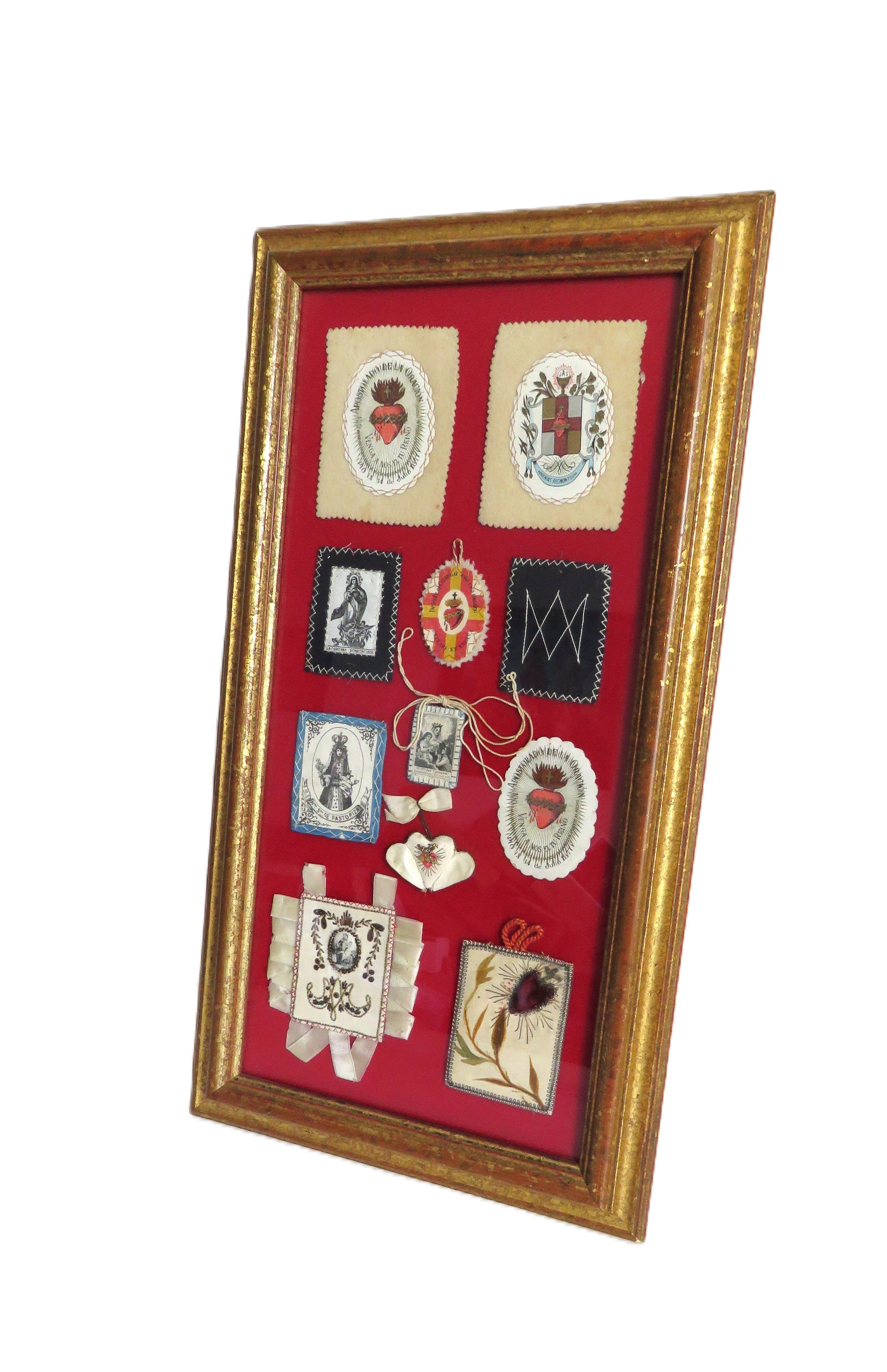 Antique French Devotional Shadow Box with Sacred Heart Ex Votos and Marian Keepsakes - Vintage French Treasures