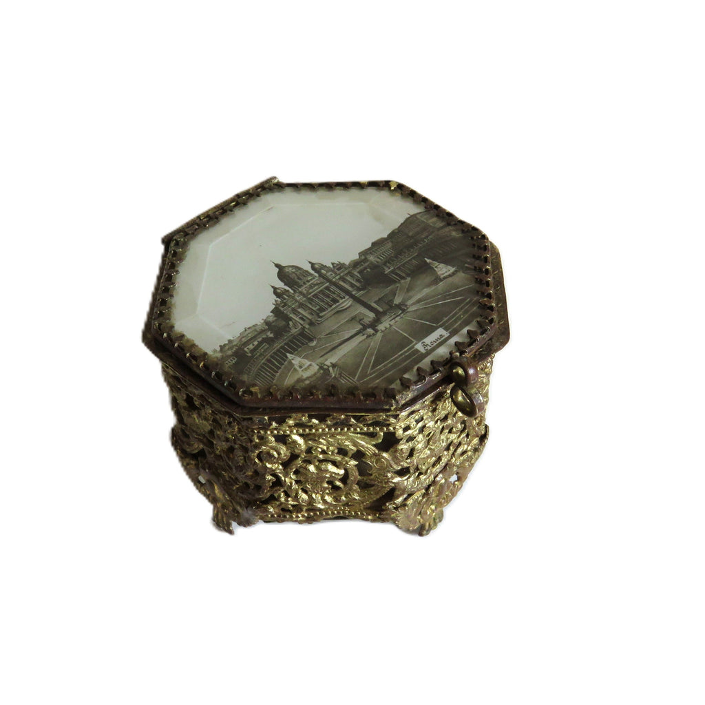 Vintage Italian Filigree Trinket Box with St Peter’s Basilica Rome Souvenir Lid - Vintage French Treasures