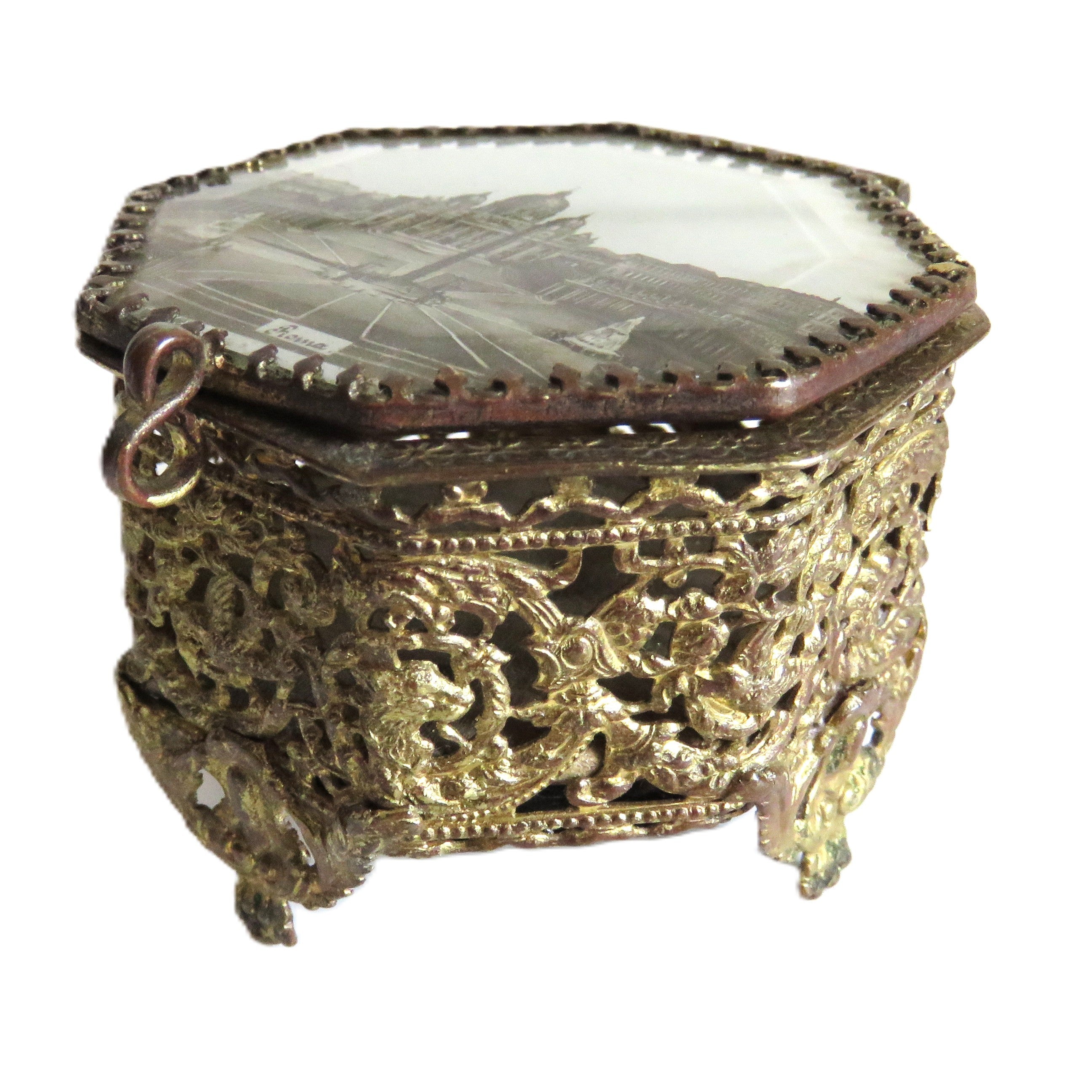 Vintage Italian Filigree Trinket Box with St Peter’s Basilica Rome Souvenir Lid - Vintage French Treasures