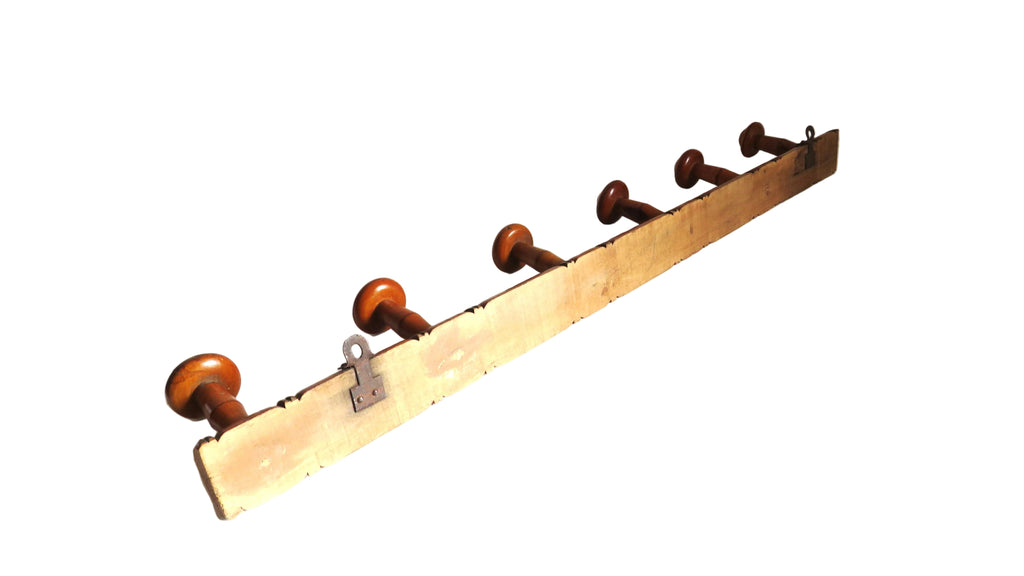 Antique French Wooden Wall Coat Rack with Six Pegs – Rustic Country Farmhouse Peg Rack - Vintage French Treasures