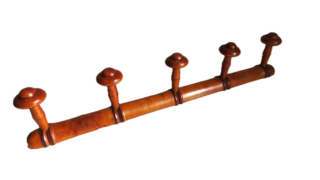 Vintage French Chinoiserie Faux Bamboo Wooden Coat Rack | Five Peg Hooks - Vintage French Treasures