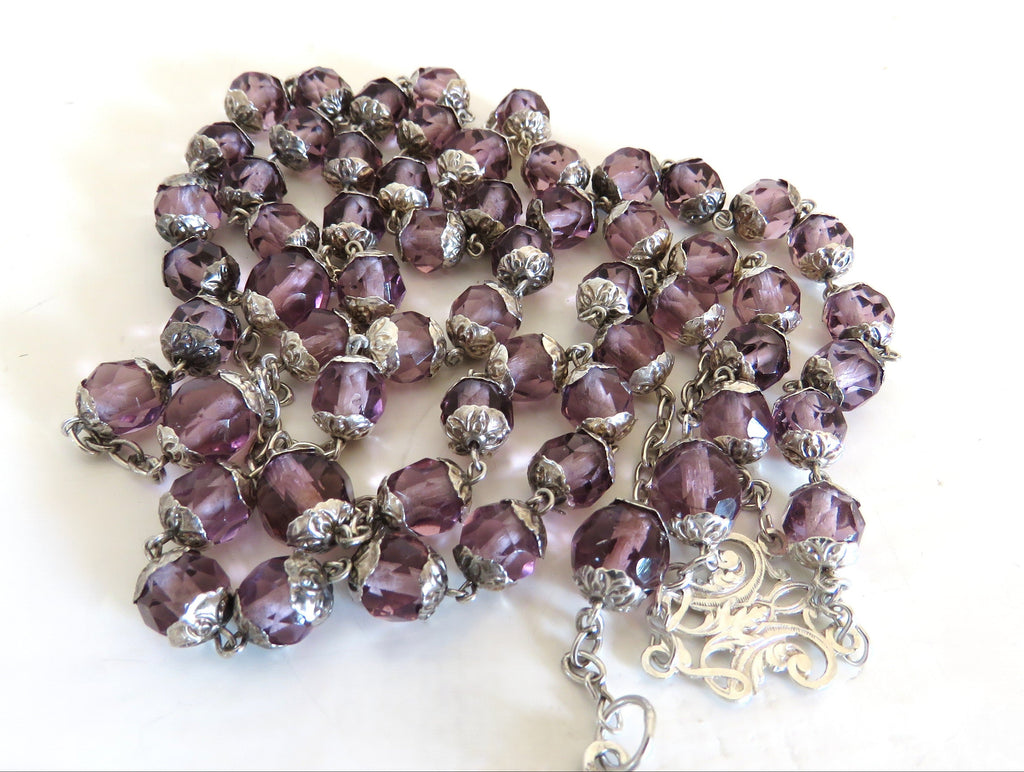 Antique French Hallmarked Silver Rosary with Faceted Purple Glass Beads