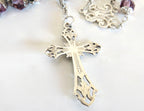 Antique French Hallmarked Silver Rosary with Faceted Purple Glass Beads -