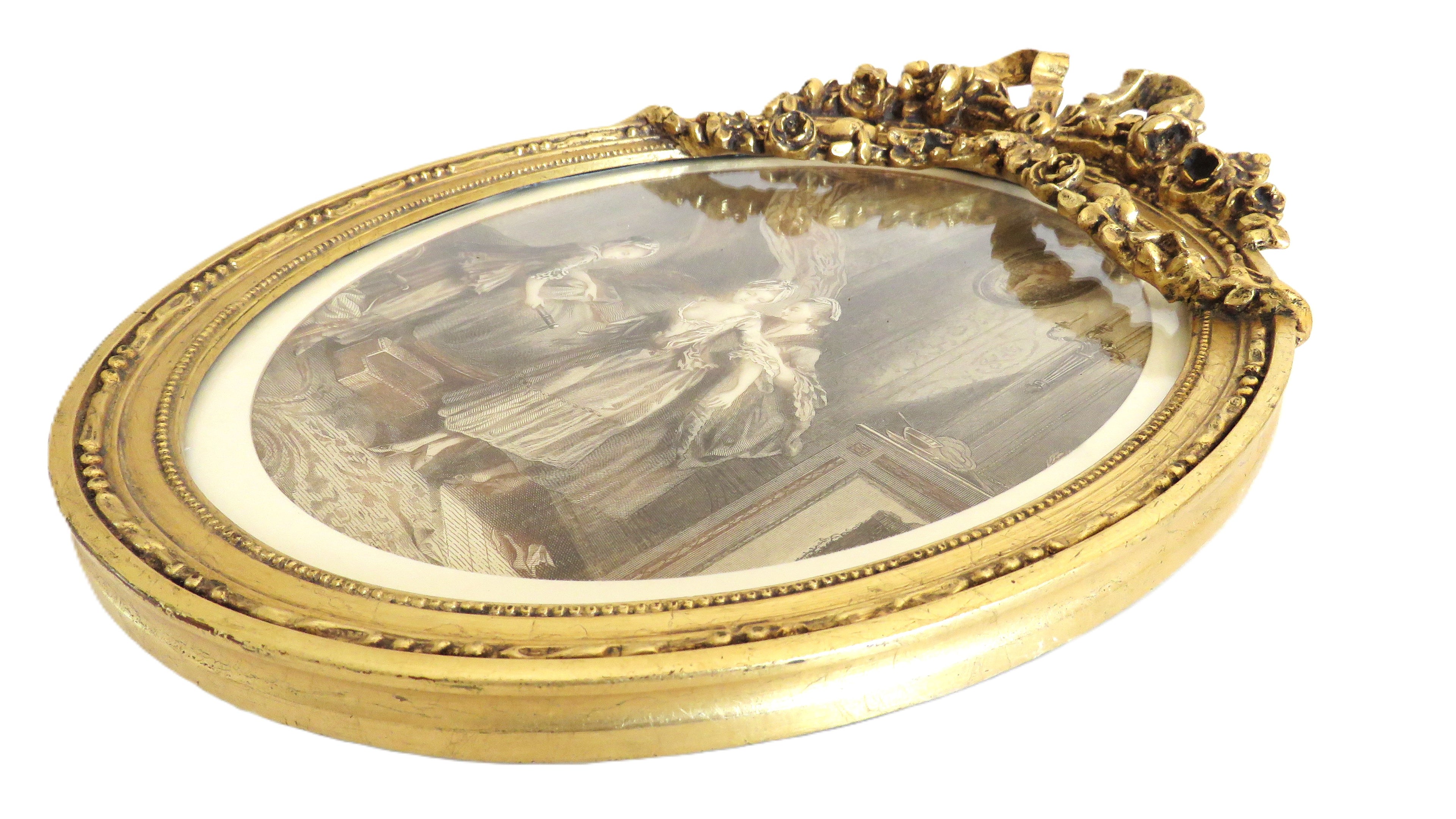 Gold-framed oval picture with a classical scene on a white background