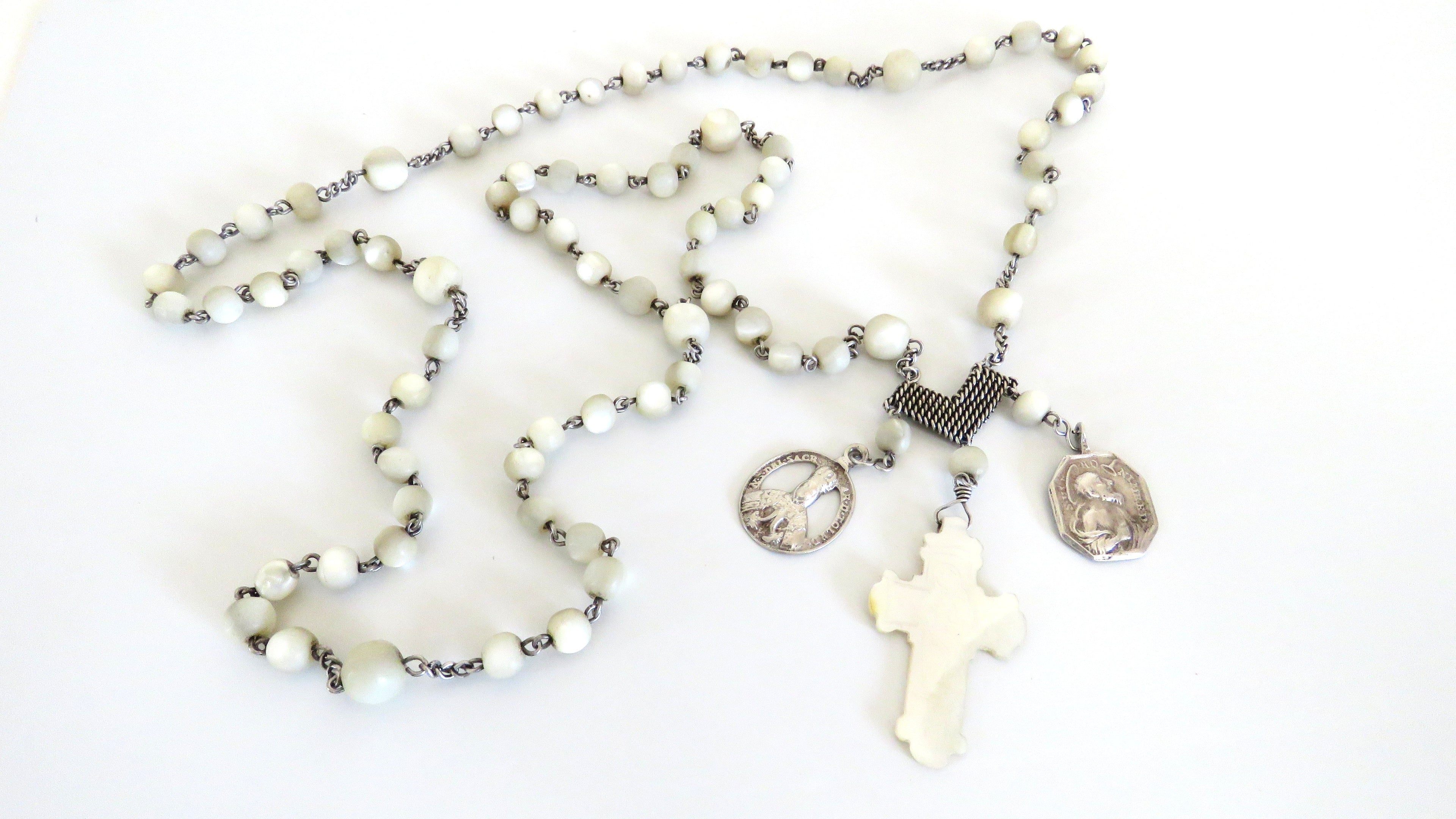 Rare French Silver Rosary, Late 18th to Early 19th Century (circa 1780–1830) — Articulated Heart Centre, Devotional Medals & Mother-of-Pearl Crucifix