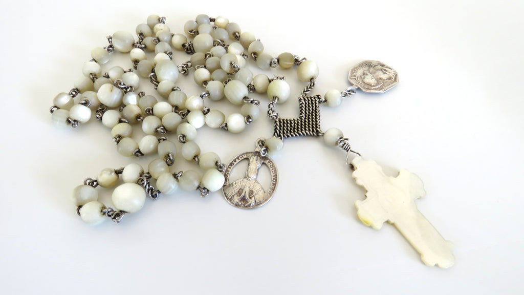 Rare French Silver Rosary, Late 18th to Early 19th Century (circa 1780–1830) — Articulated Heart Centre, Devotional Medals & Mother-of-Pearl Crucifix