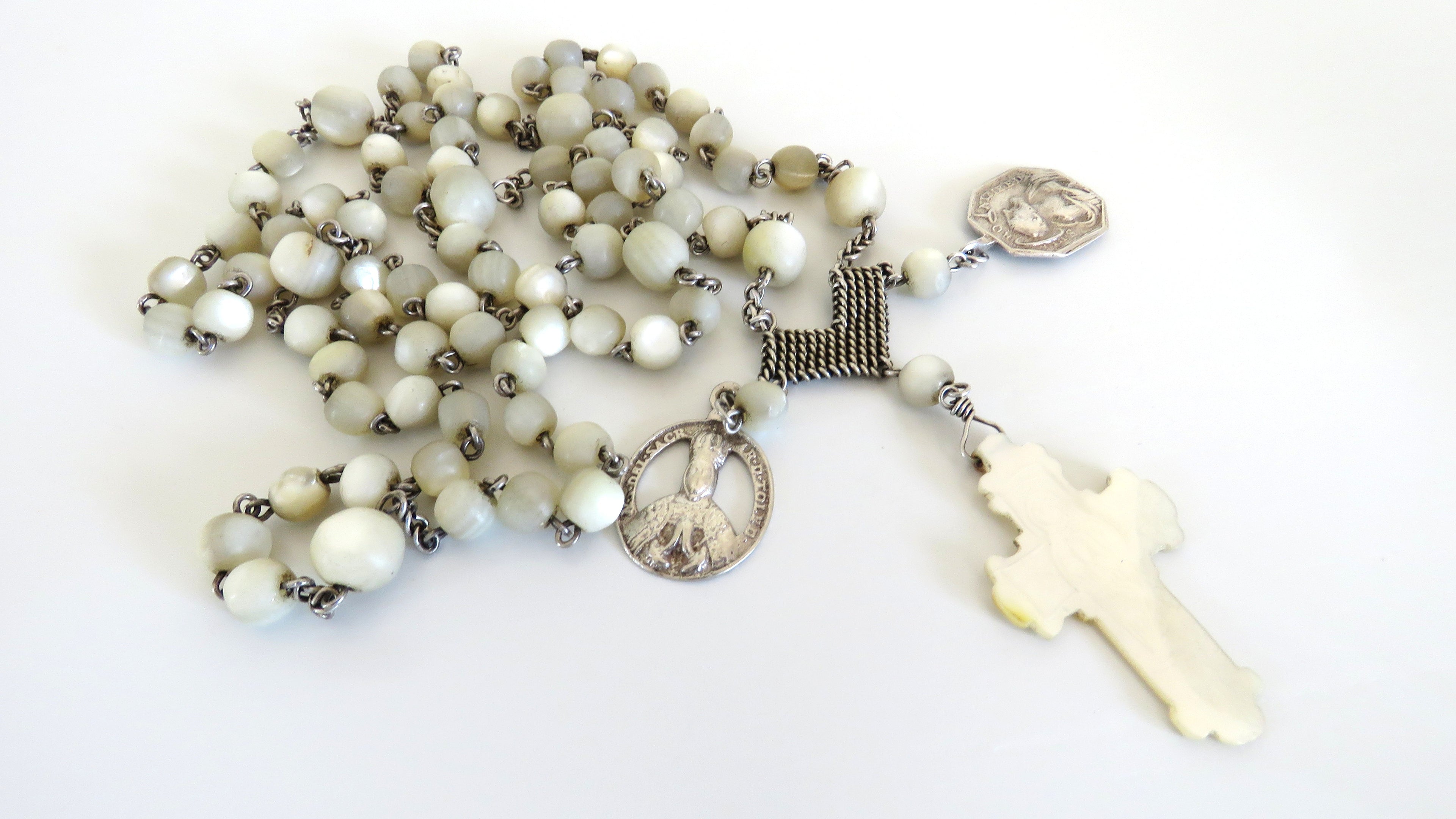 Rare French Silver Rosary, Late 18th to Early 19th Century (circa 1780–1830) — Articulated Heart Centre, Devotional Medals & Mother-of-Pearl Crucifix