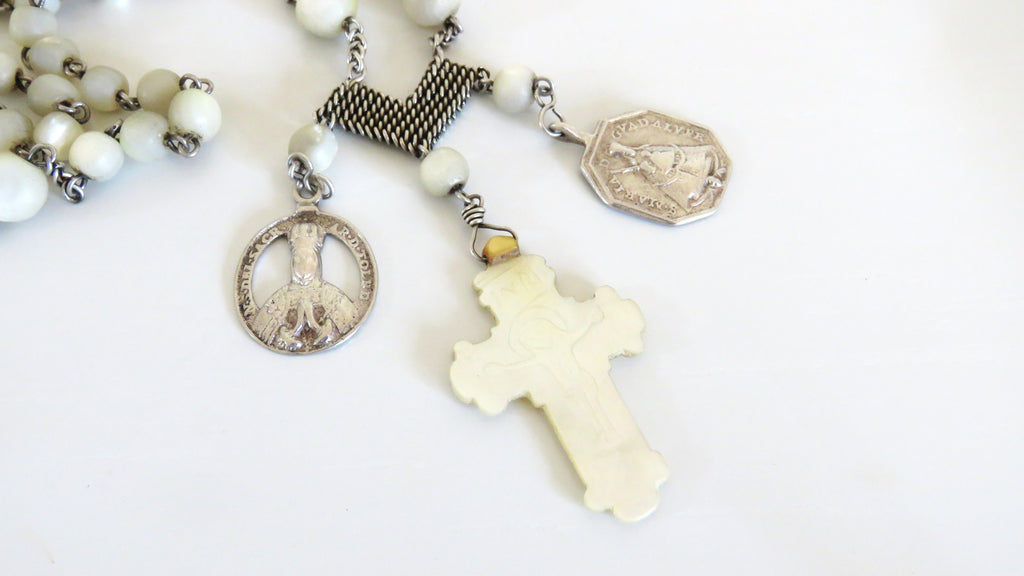 Rare French Silver Rosary, Late 18th to Early 19th Century (circa 1780–1830) — Articulated Heart Centre, Devotional Medals & Mother-of-Pearl Crucifix