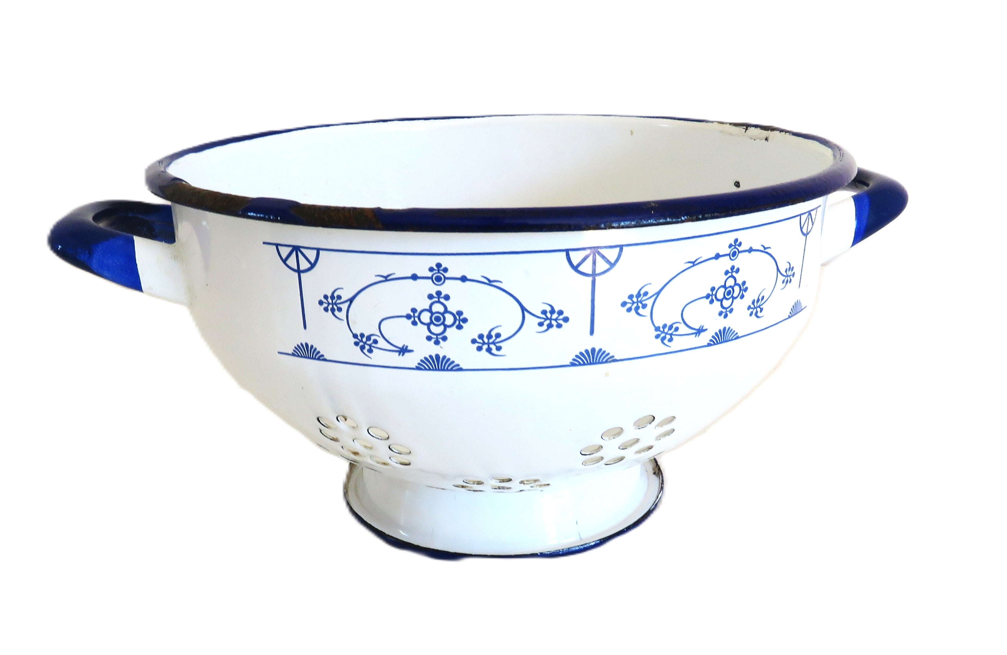 Vintage French Blue White Enamel Colander | French Kitchenalia | Farmhouse Kitchen Decor | Rustic Enamel Strainer -