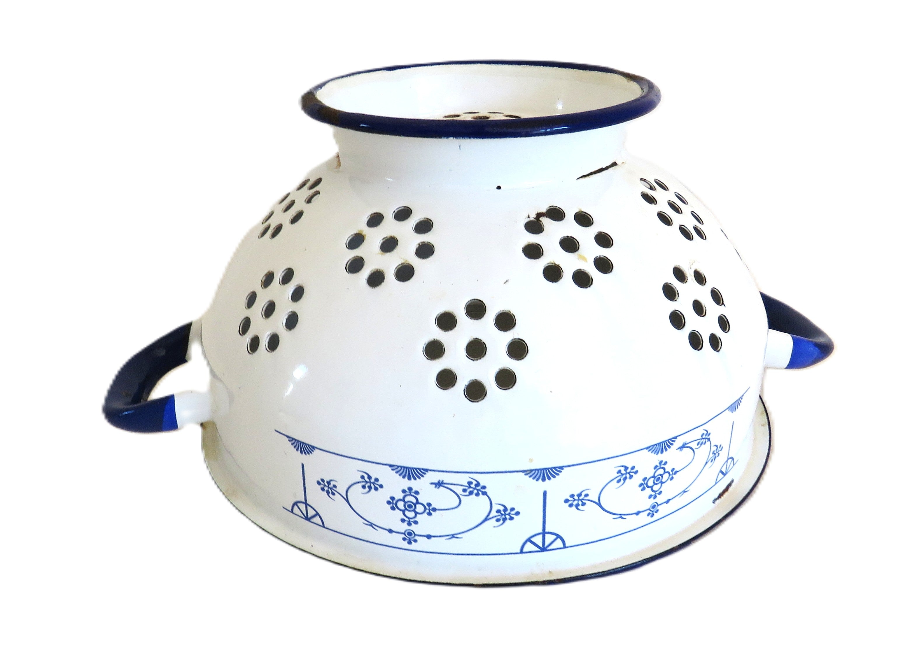 Vintage French Blue White Enamel Colander | French Kitchenalia | Farmhouse Kitchen Decor | Rustic Enamel Strainer -