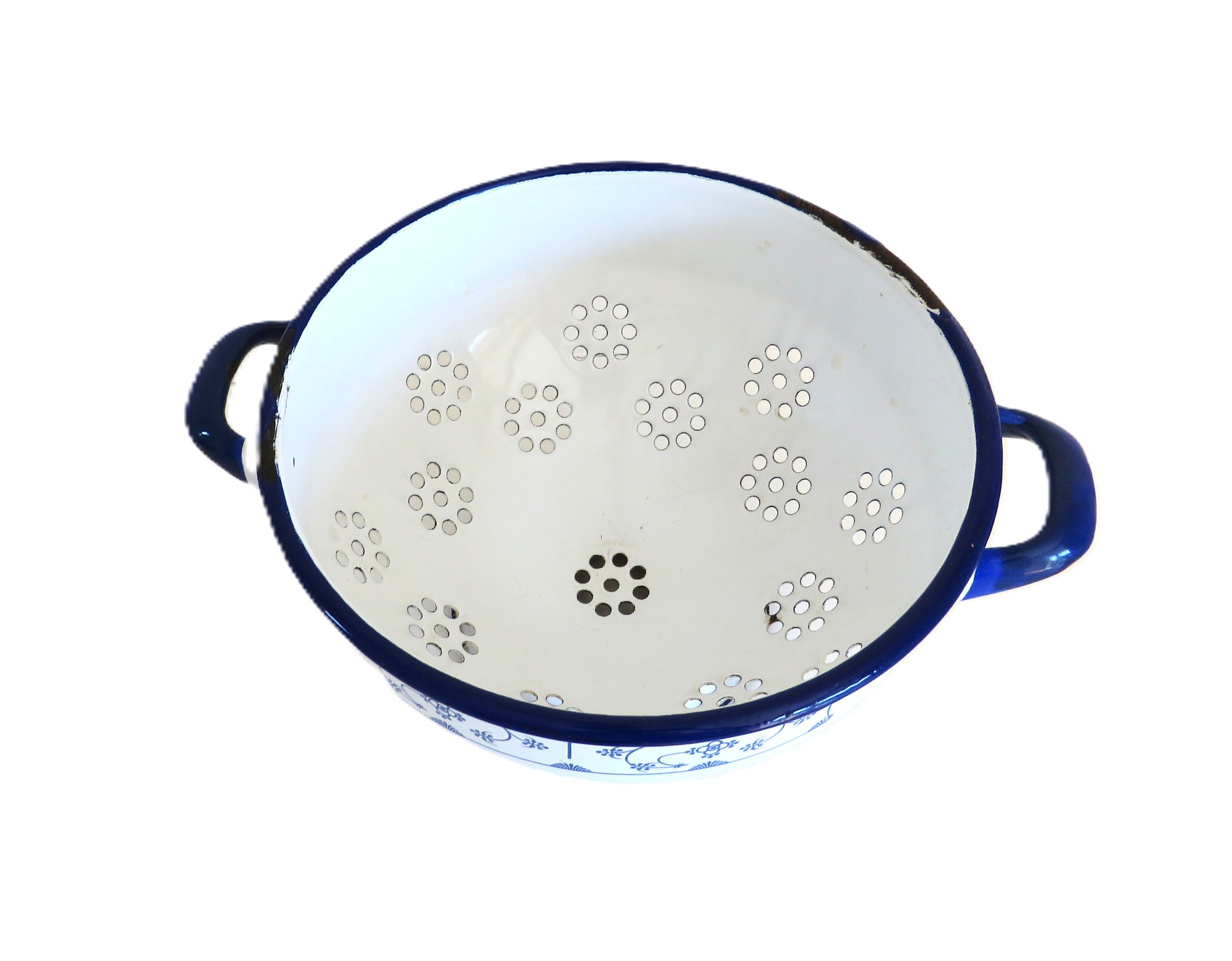 Vintage French Blue White Enamel Colander | French Kitchenalia | Farmhouse Kitchen Decor | Rustic Enamel Strainer -