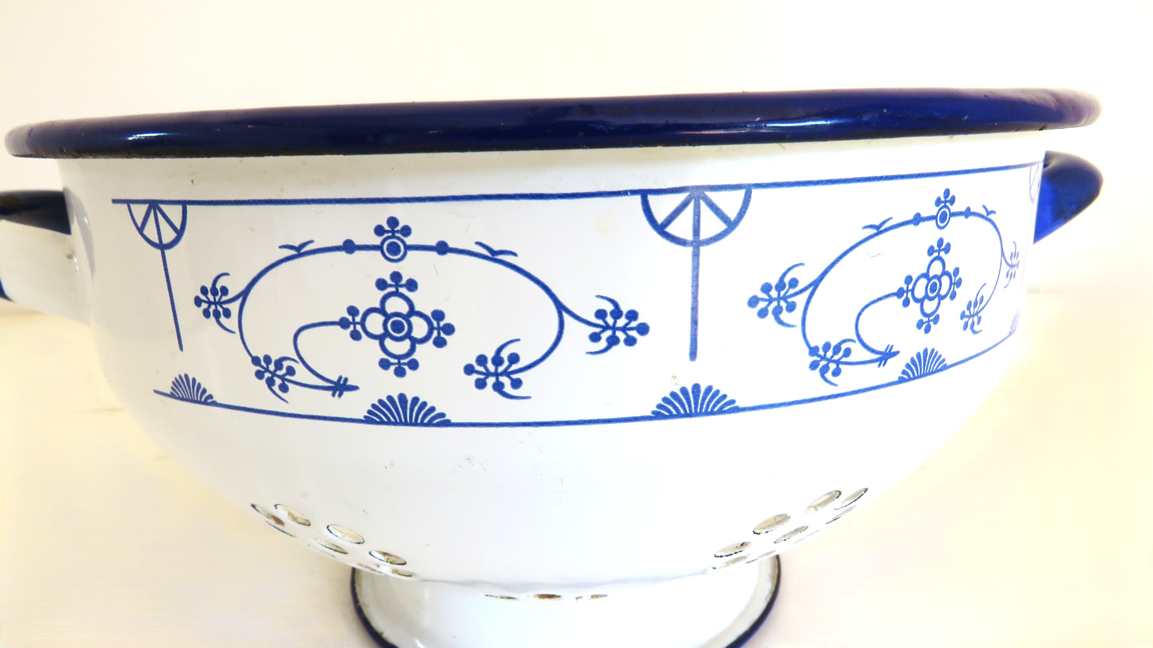 Vintage French Blue White Enamel Colander | French Kitchenalia | Farmhouse Kitchen Decor | Rustic Enamel Strainer -