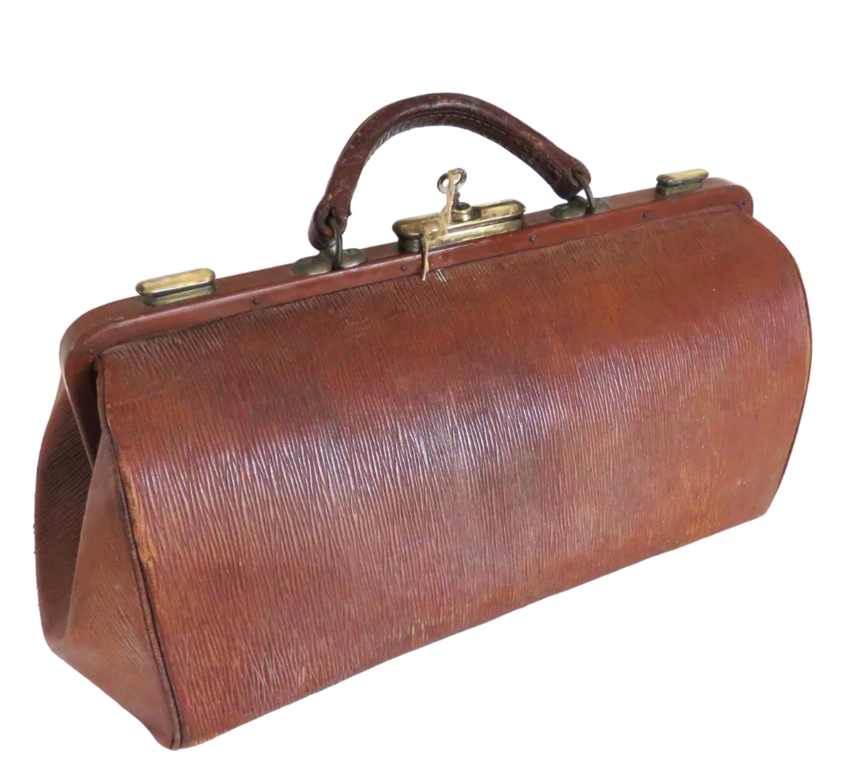 A vintage brown leather doctor's bag or briefcase with a top handle, brass hardware, and a lock clasp, shown on a plain white background.