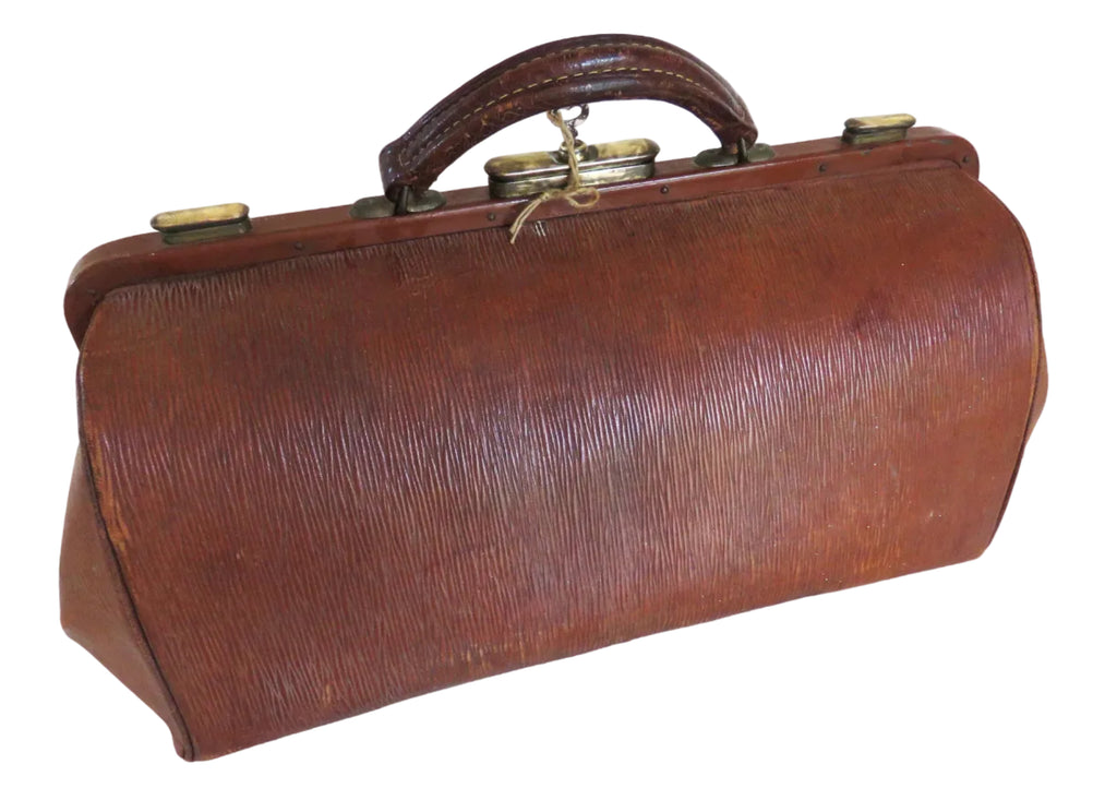 Antique French Leather Doctor’s Bag with Original Key, Large Gladstone Medical Bag