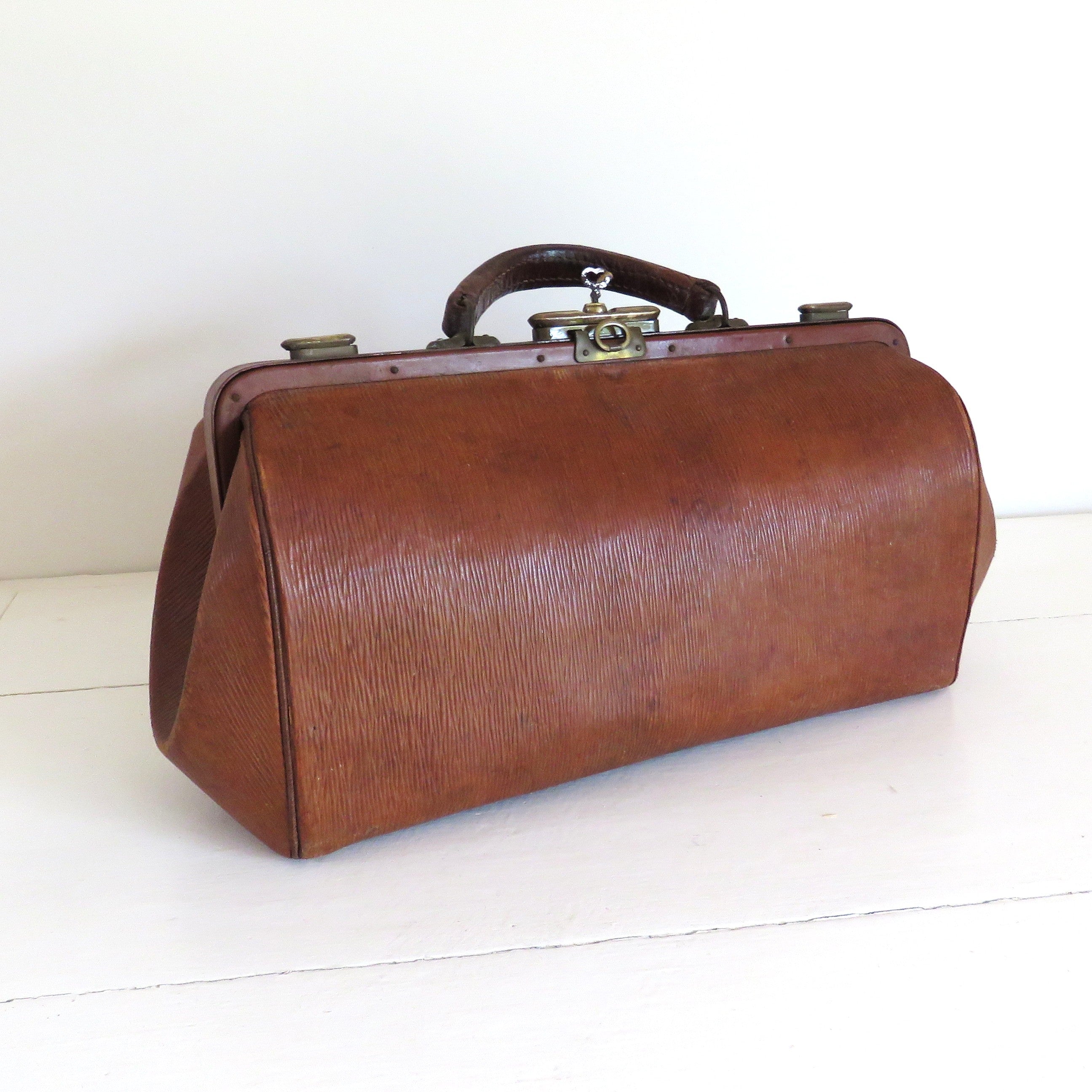 Antique French Leather Doctor’s Bag with Original Key, Large Gladstone Medical Bag