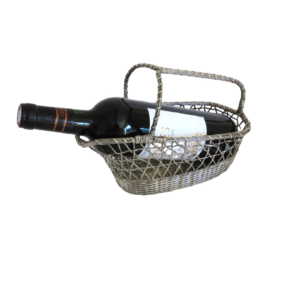 Vintage French Silvered Wire Wine Bottle Basket – Mid-Century Woven Wine Pourer - Vintage French Treasures