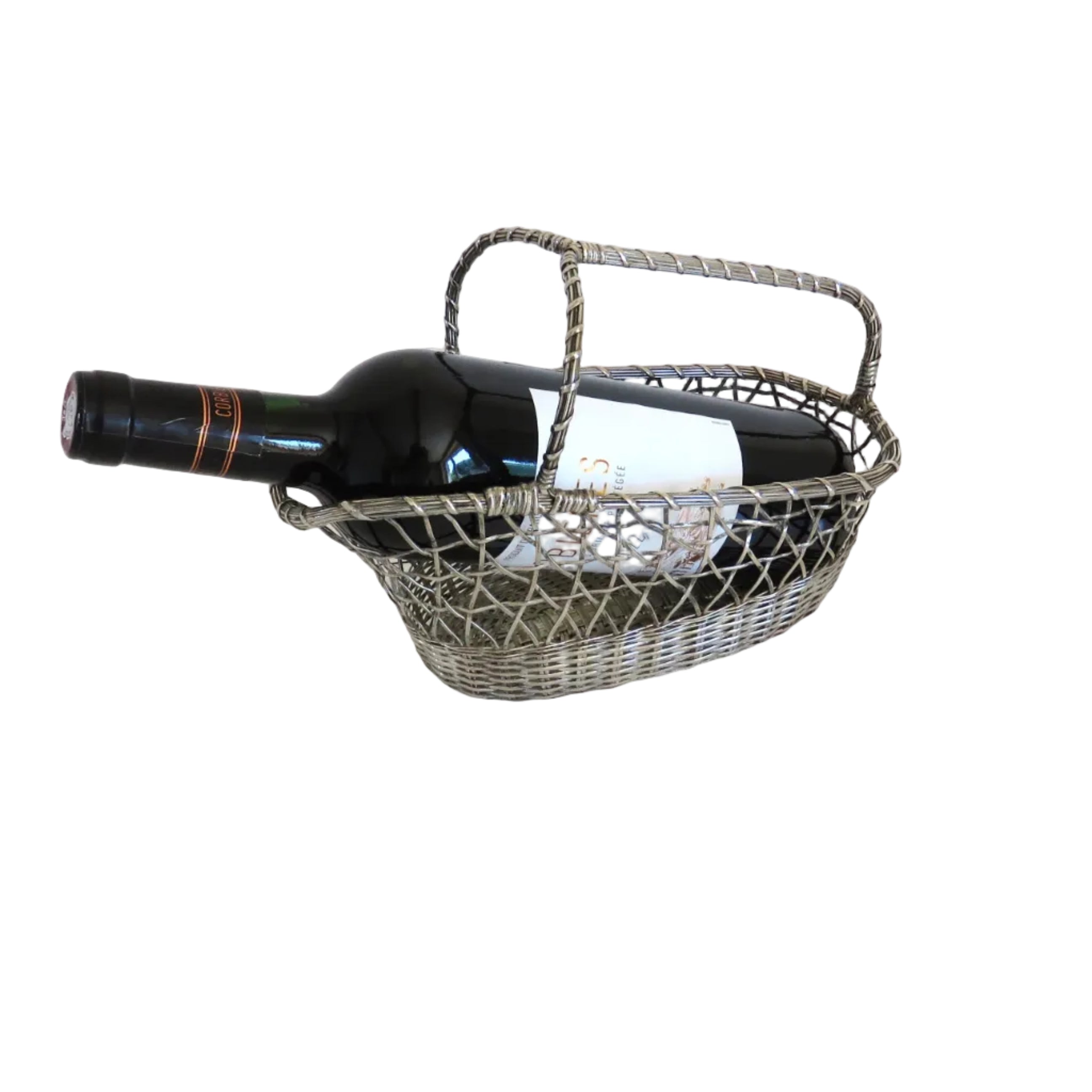 Vintage French Silvered Wire Wine Bottle Basket – Mid-Century Woven Wine Pourer - Vintage French Treasures