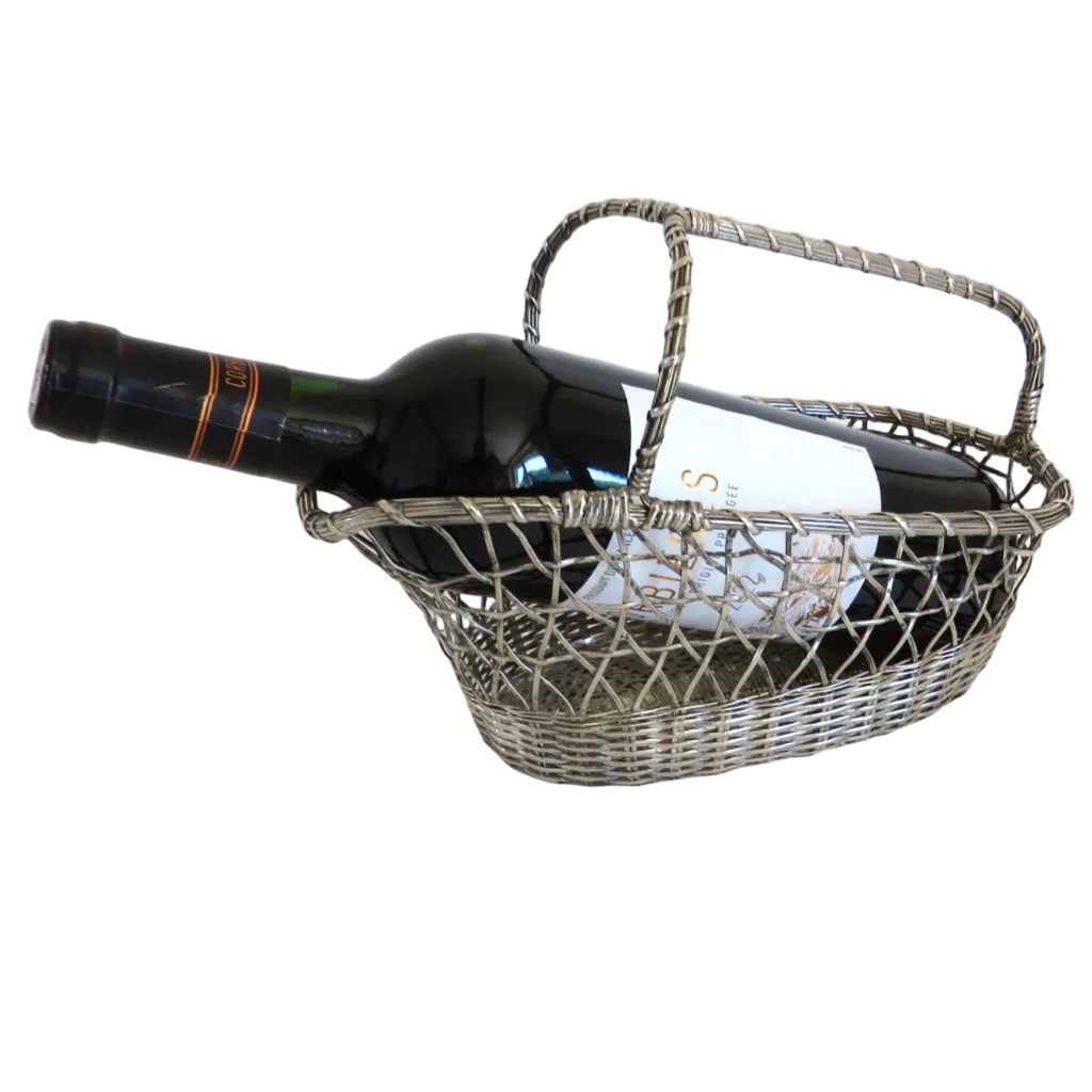Vintage French Silvered Wire Wine Bottle Basket – Mid-Century Woven Wine Pourer - Vintage French Treasures
