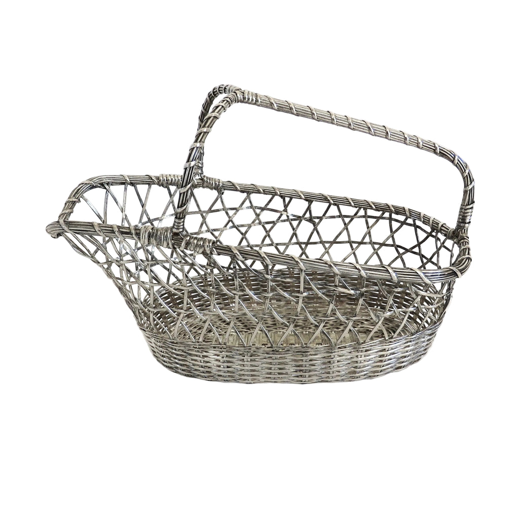 Vintage French Silvered Wire Wine Bottle Basket – Mid-Century Woven Wine Pourer - Vintage French Treasures