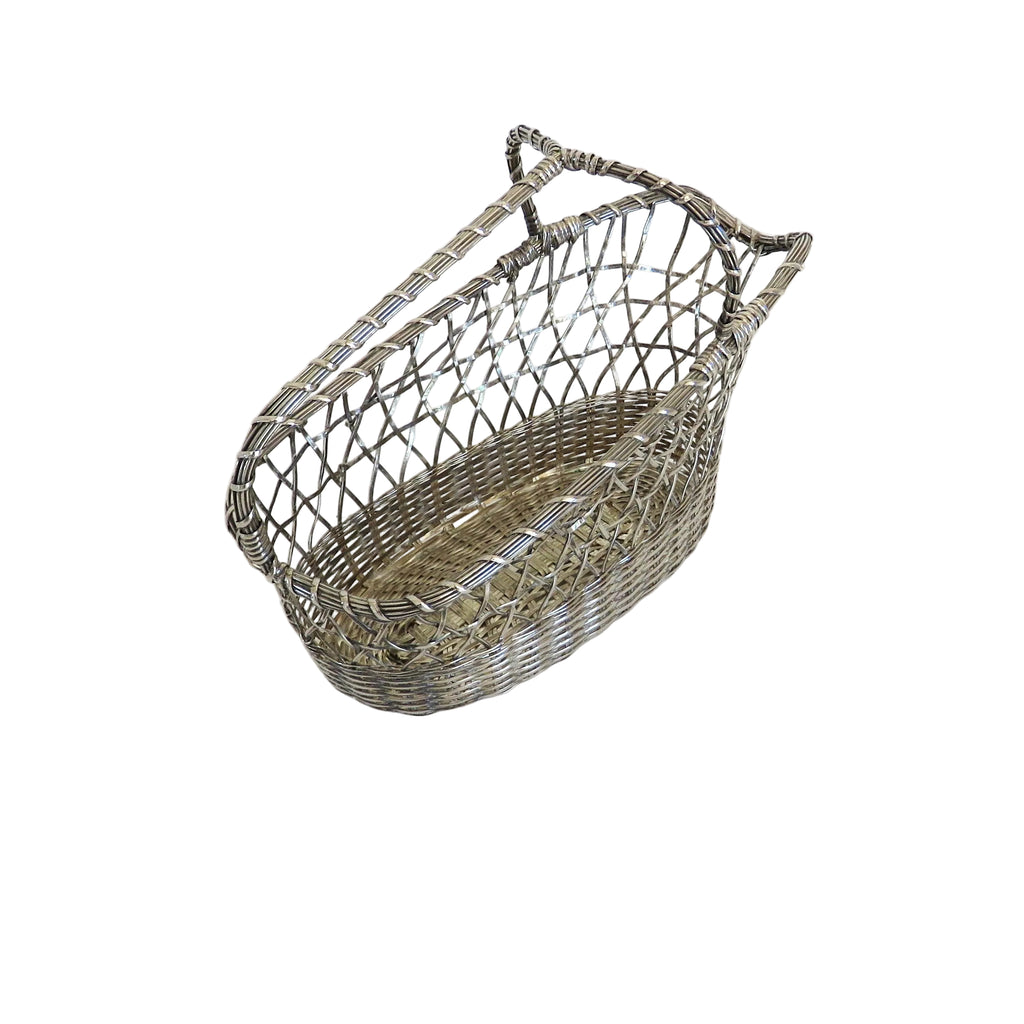 Vintage French Silvered Wire Wine Bottle Basket – Mid-Century Woven Wine Pourer - Vintage French Treasures