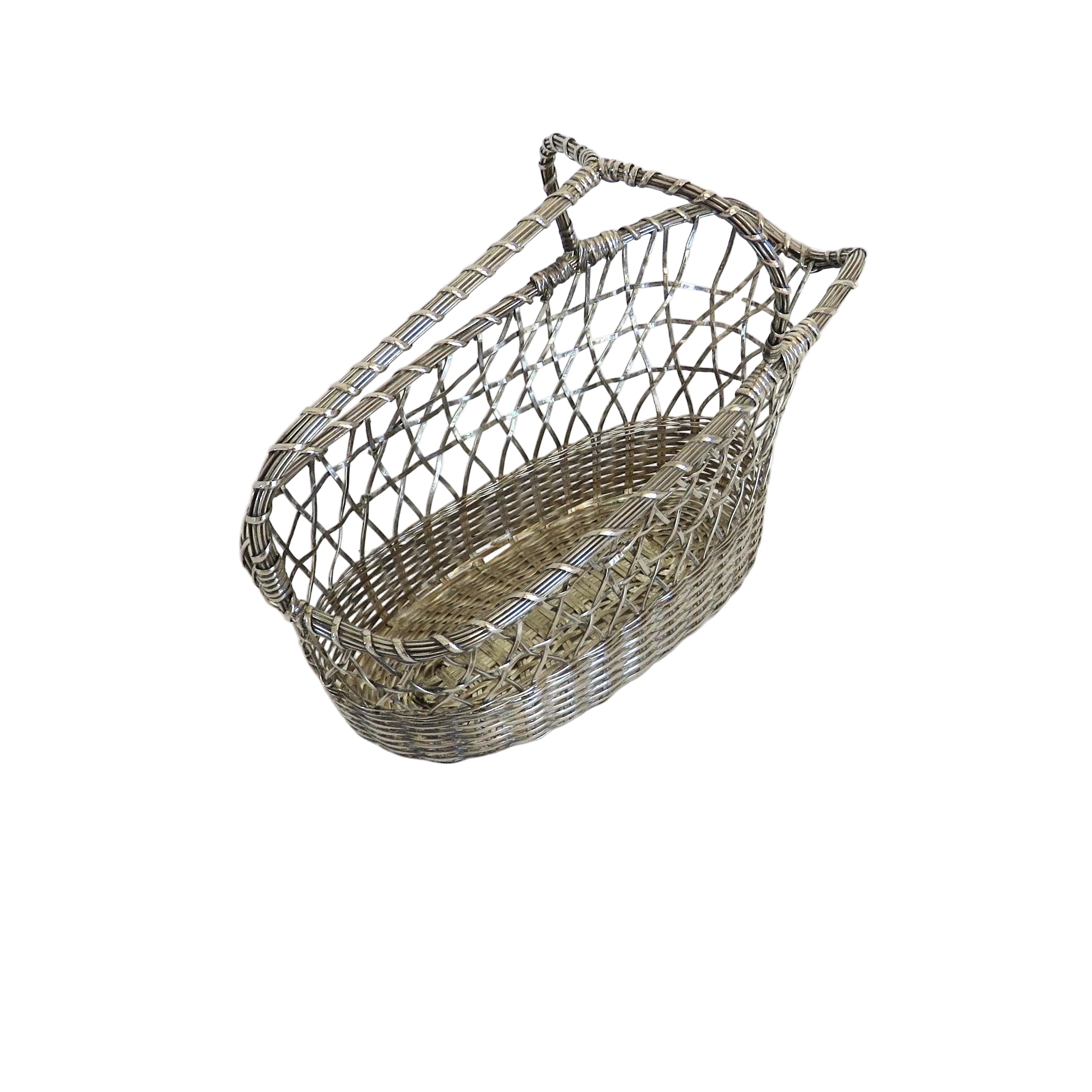 Vintage French Silvered Wire Wine Bottle Basket – Mid-Century Woven Wine Pourer - Vintage French Treasures