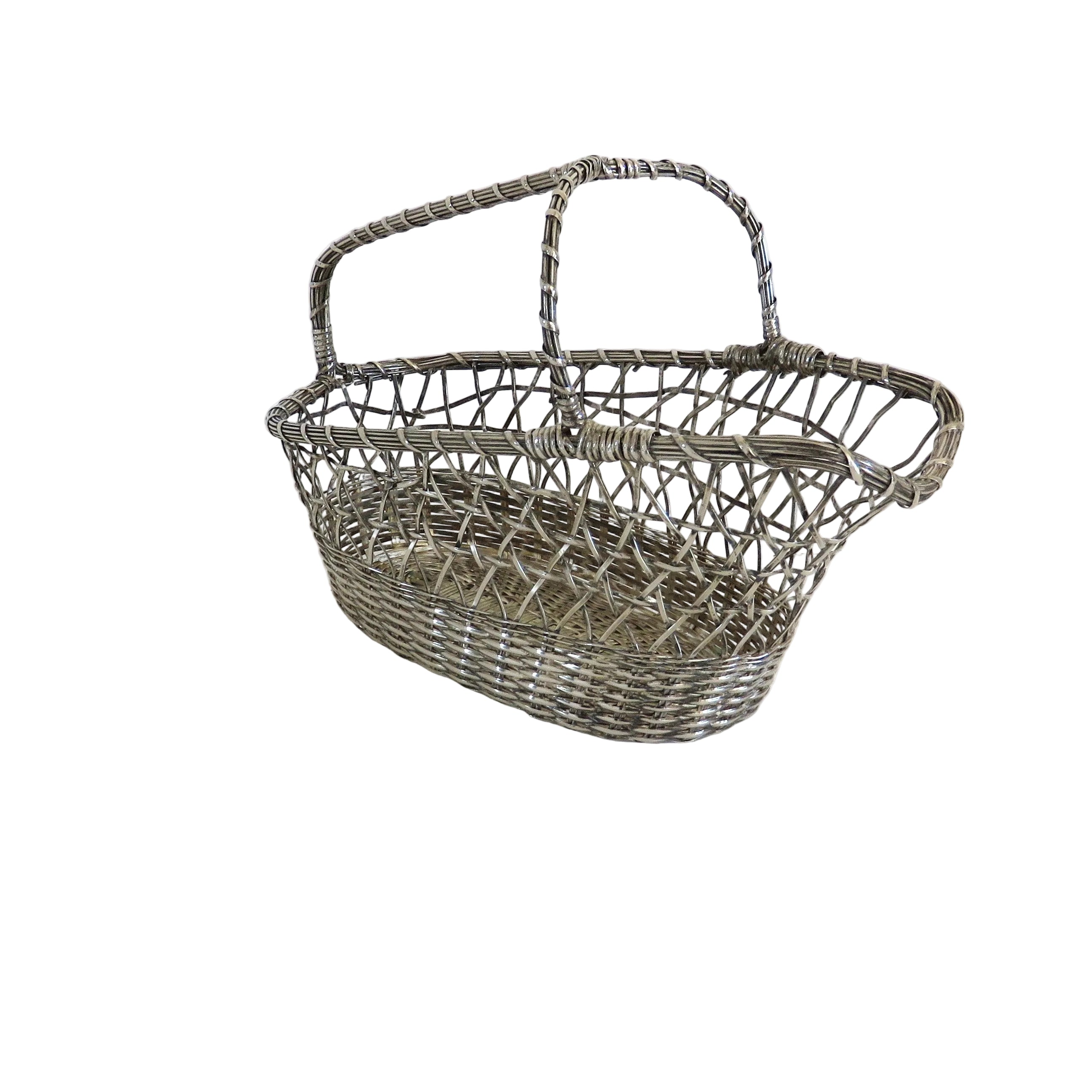 Vintage French Silvered Wire Wine Bottle Basket – Mid-Century Woven Wine Pourer - Vintage French Treasures