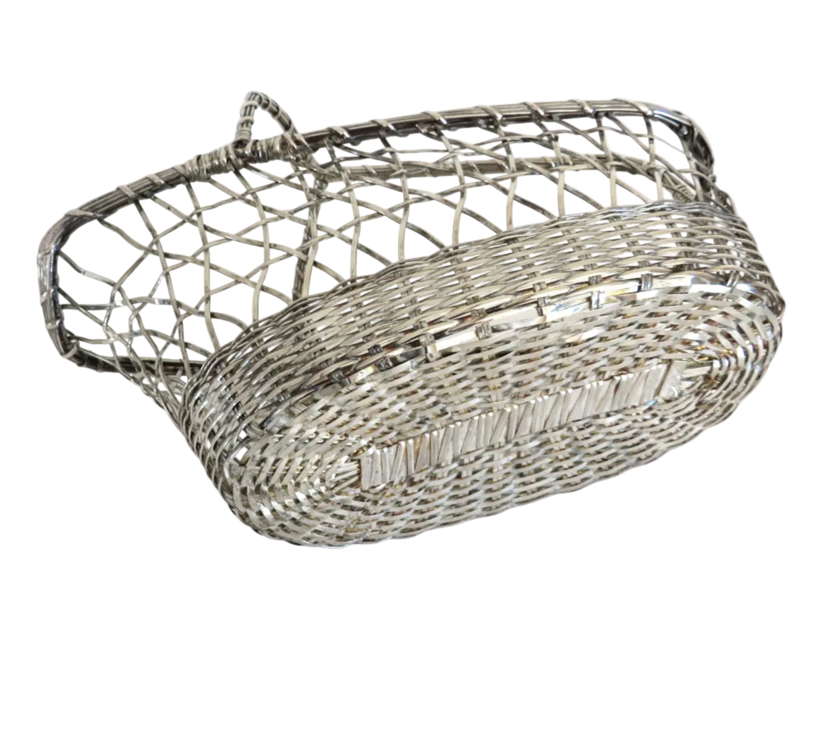Vintage French Silvered Wire Wine Bottle Basket – Mid-Century Woven Wine Pourer - Vintage French Treasures