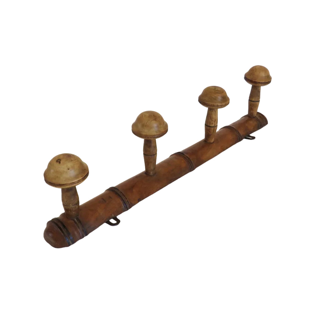 Antique French Faux Bamboo Wooden Coat Rack – Four Mushroom Peg Wall Hooks - Vintage French Treasures