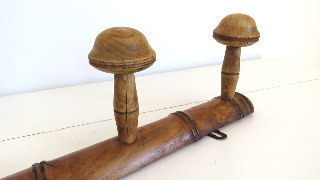 Antique French Faux Bamboo Wooden Coat Rack – Four Mushroom Peg Wall Hooks - Vintage French Treasures