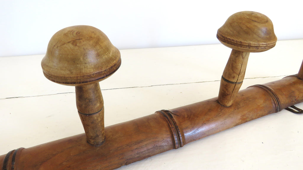 Antique French Faux Bamboo Wooden Coat Rack – Four Mushroom Peg Wall Hooks - Vintage French Treasures